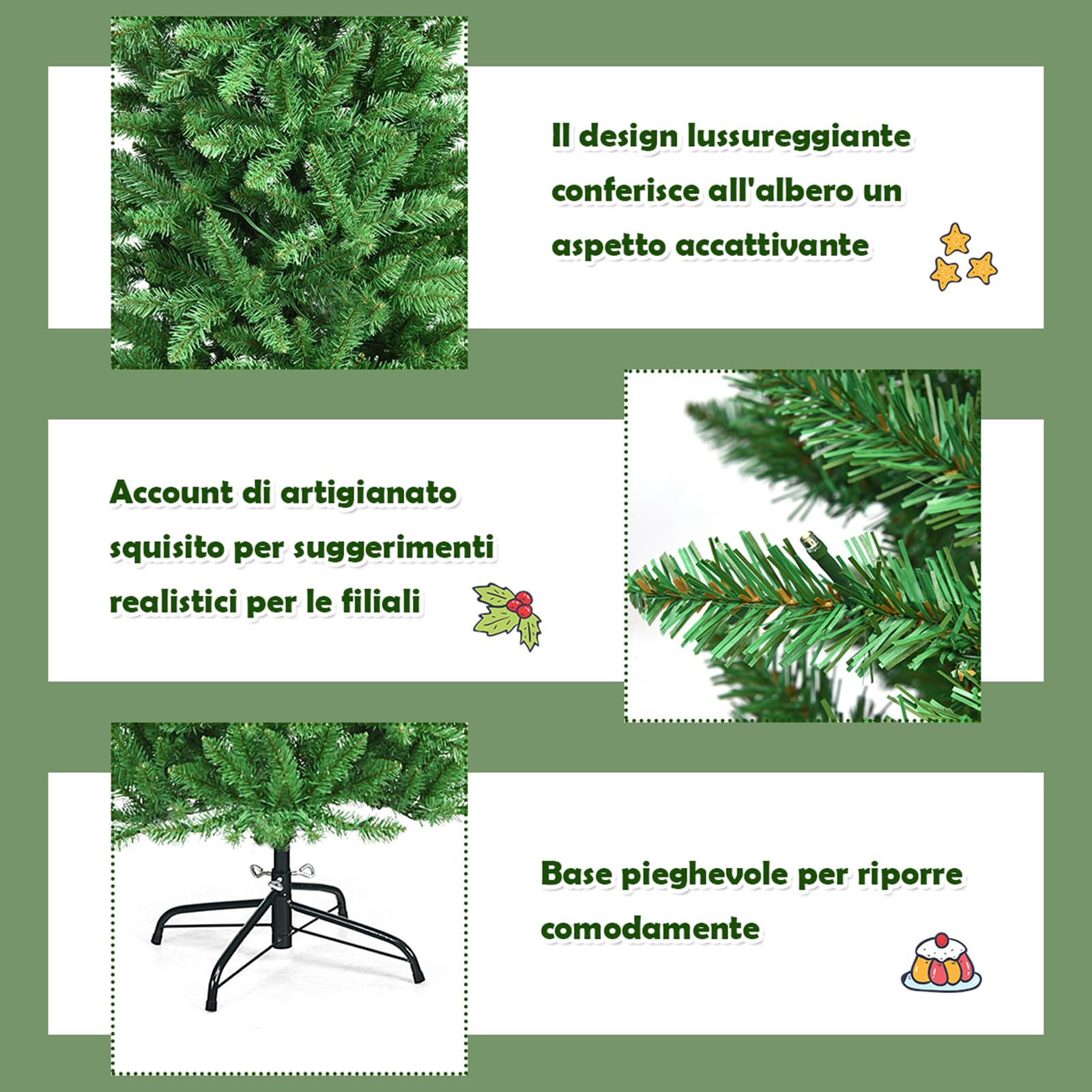 COSTWAY Albero di Natale Slim 150/180/210 cm, Albero di Natale con 150/250/350 Luci LED, 300/743/995 Rami Folti e Base di Metallo, Decorazione Natalizia per Casa e Ufficio (150cm)