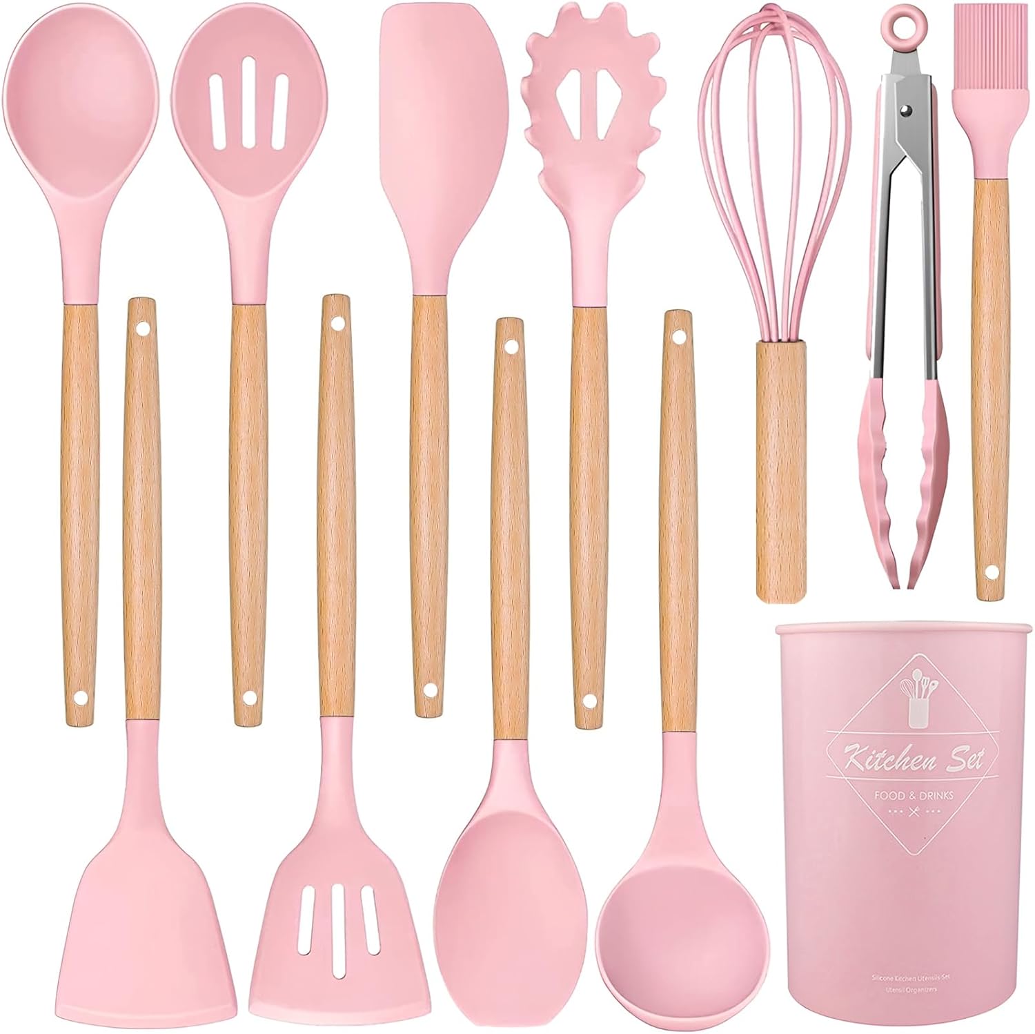 Silicone Cooking Utensils Kitchen Utensil Set - 446°F Heat Resistant Silicone Kitchen Utensils Set, Spatula,Turner Tongs, Spoon, Brush, Whisk,Kitchen Gadgets for Nonstick Cookware, BPA Free (Pink)