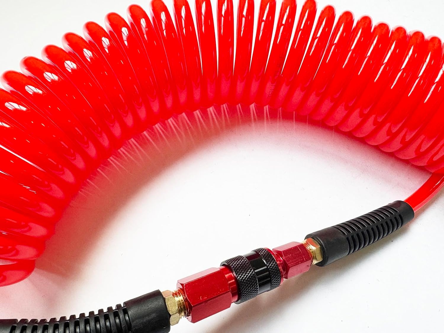 SANFU (PU) Polyurethane Recoil Air Hose 1/4”ID x 25ft With Bend Restrictor, 1/4” Industrial Aluminum 3IN1 Quick Coupler and Plug, 2-Pack, Red