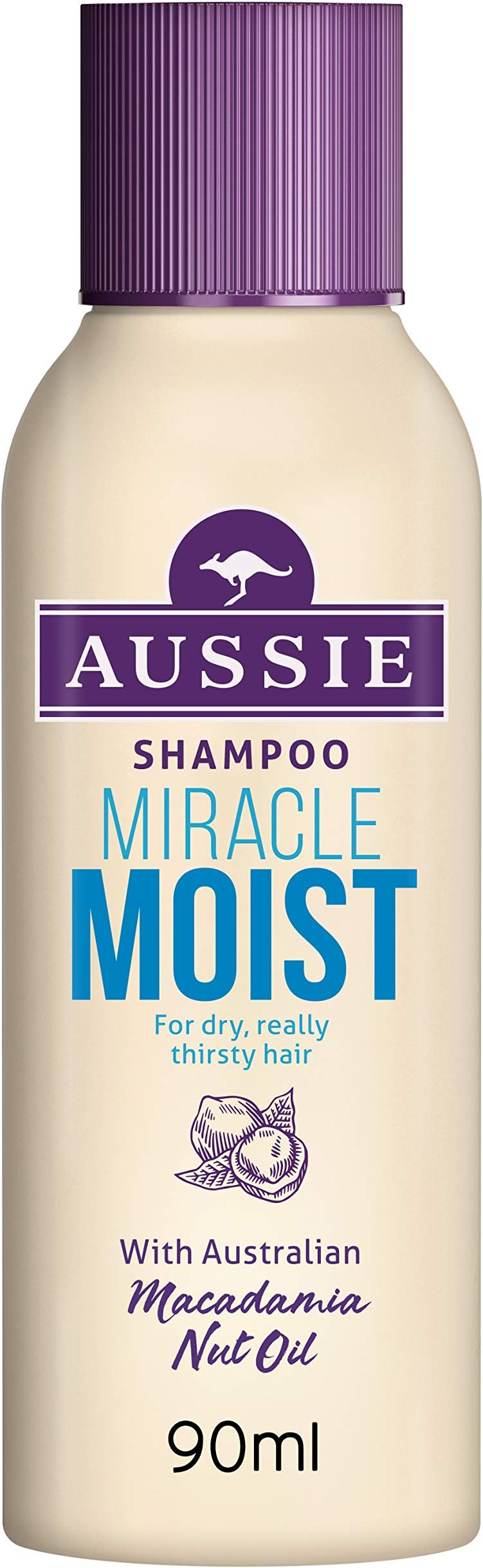 Aussie Miracle Moist Shampoo, Moisture-Quenching Formula For Dry & Damaged Hair, Replenishes Brittle Hair, With Macadamia Nut Oil, Cruelty Free, 100% Recycled Plastic Bottle, 90ml