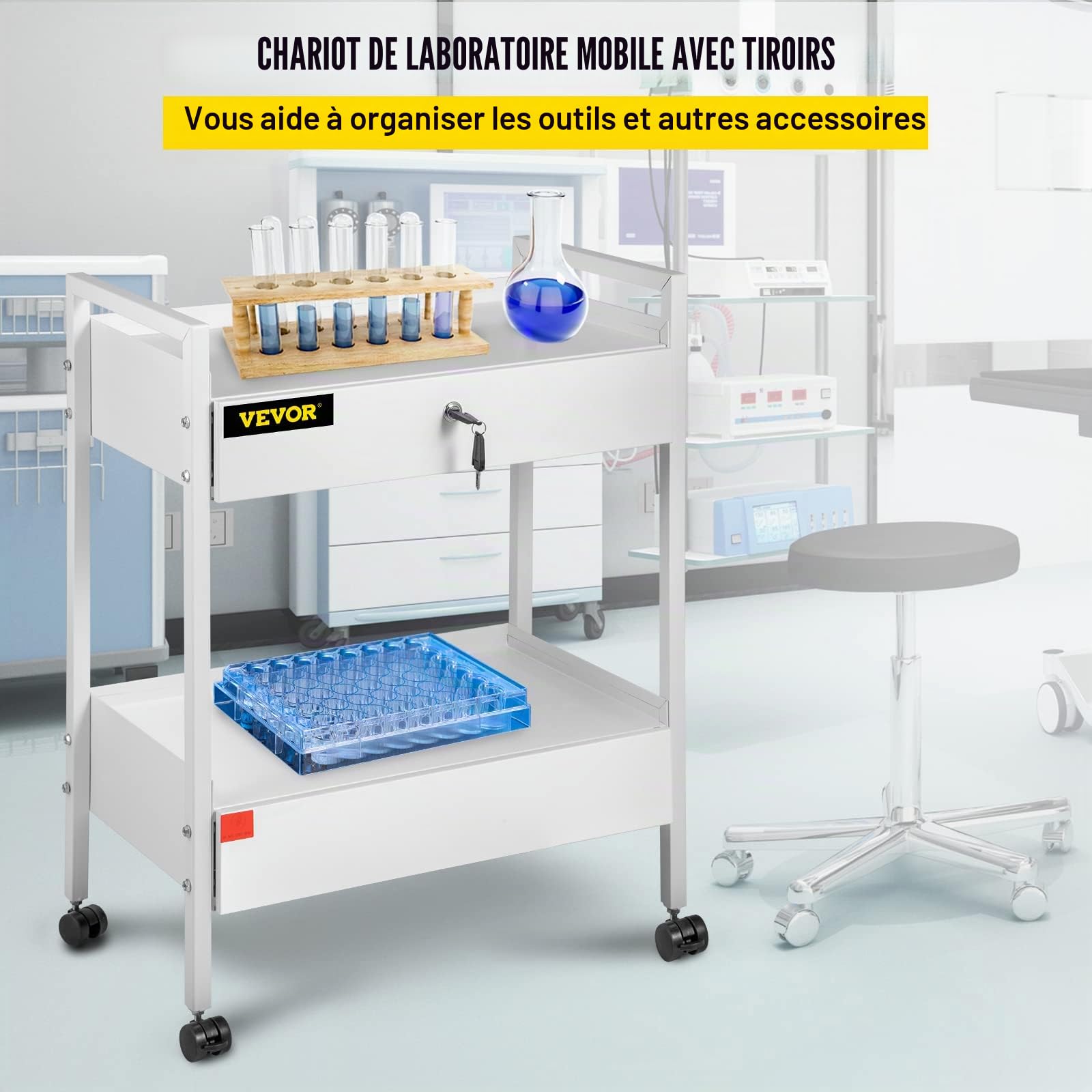 VEVOR Chariot de Laboratoire 2 Niveaux, Chariot Médical en Acier Inoxydable, Chariot de Service Grande Capacité de Charge 100 kg, avec 2 Tiroirs, pour Laboratoire Salon Hôpital, Usage Dentaire, Blanc