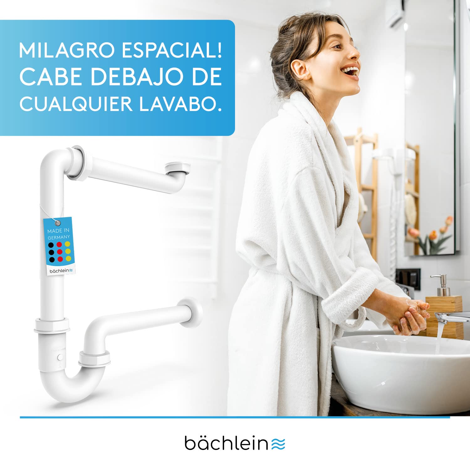 Bächlein G 1 1/4 Pulgadas Sifón de Ahorro de Espacio para el Baño - Sifón de Lavabo Plano de 32 mm - Sifón de Olores Baño - Made in Germany
