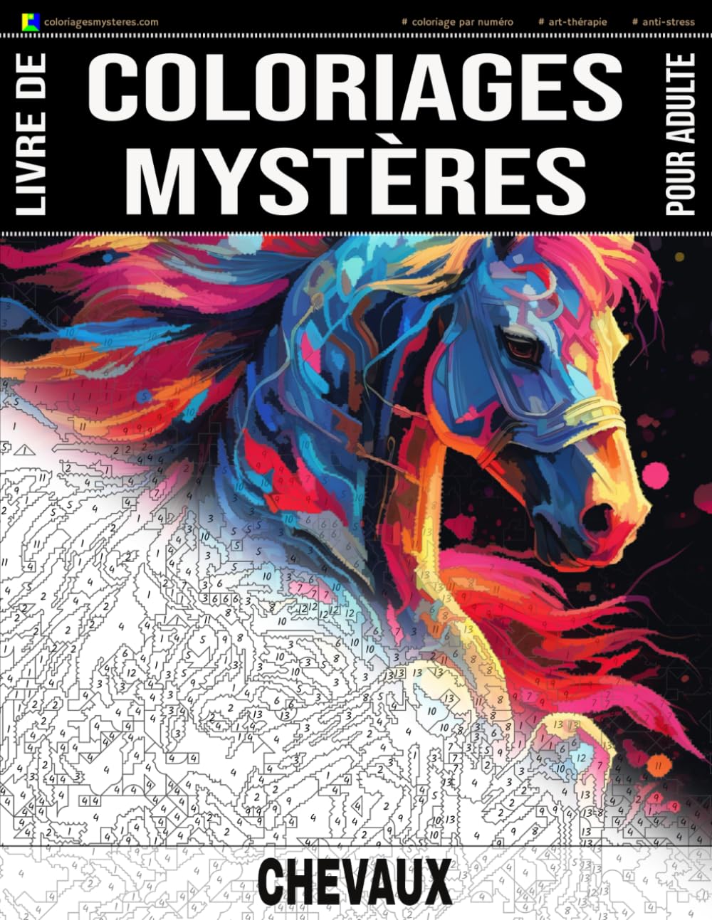 CHEVAUX - Livre de Coloriages Mystères pour adulte - Coloriage par Numéro - Art-Thérapie - Anti-Stress: 20 chevaux à colorier + 5 autres dessins en ... géométriques (Idée cadeau) - 102 pages