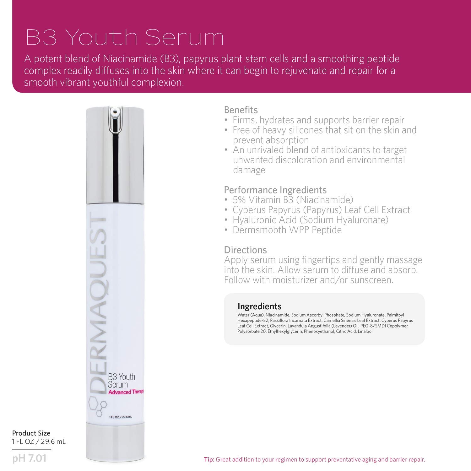 DermaQuest Advanced Therapy B3 Youth Serum - Hyaluronic Acid & Vitamin B3 Anti Wrinkle Serum - Firming, Hydrating and Supporting Barrier Repair (1oz)