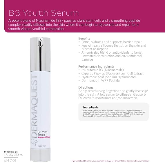 DermaQuest Advanced Therapy B3 Youth Serum - Hyaluronic Acid & Vitamin B3 Anti Wrinkle Serum - Firming, Hydrating and Supporting Barrier Repair (1oz)