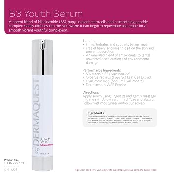 DermaQuest Advanced Therapy B3 Youth Serum - Hyaluronic Acid & Vitamin B3 Anti Wrinkle Serum - Firming, Hydrating and Supporting Barrier Repair (1oz)
