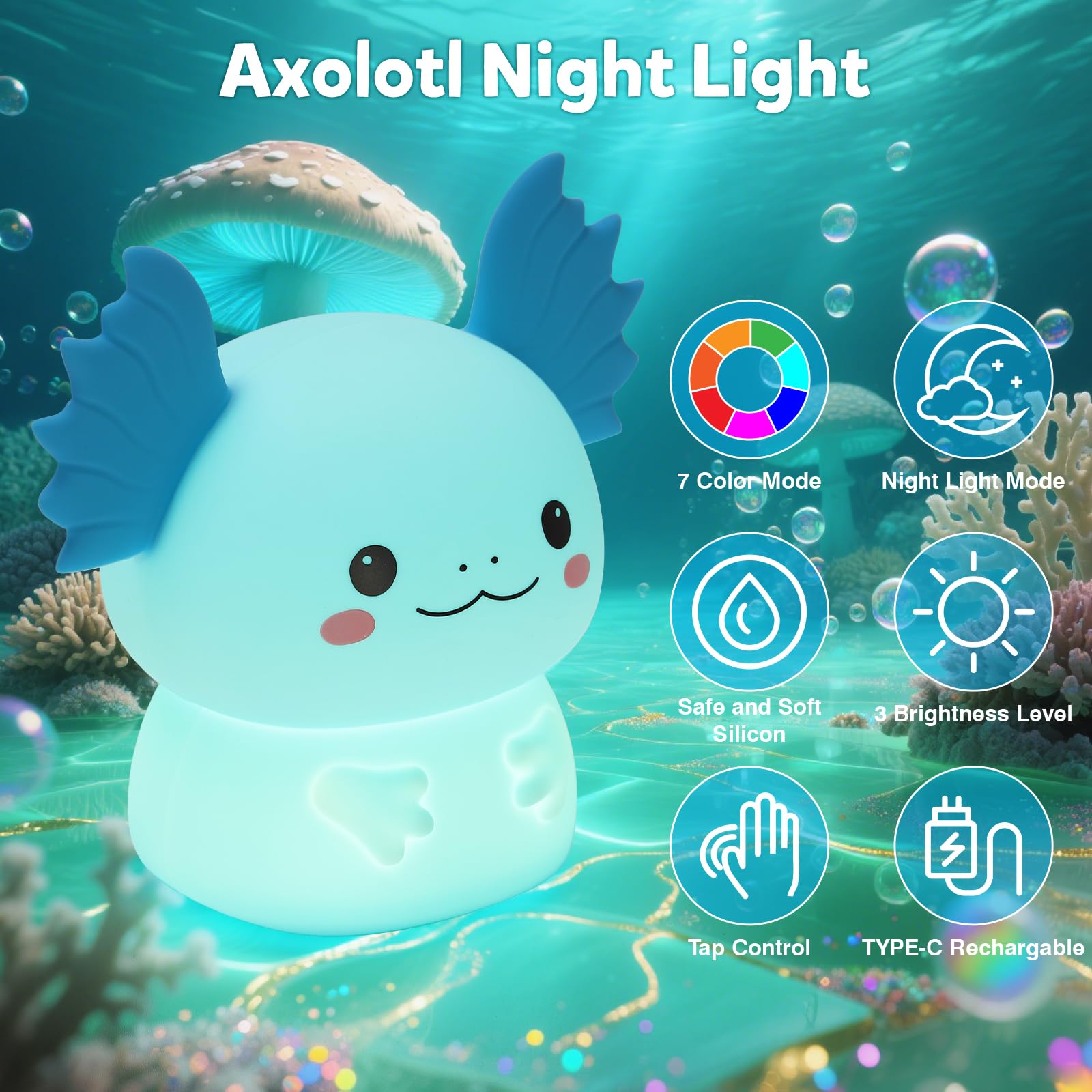Bonita luz nocturna de ajolote para niños, 7 colores cambiantes y 3 niveles de brillo ajustables, lámpara de noche de silicona recargable, lámpara de noche de animales para habitación de