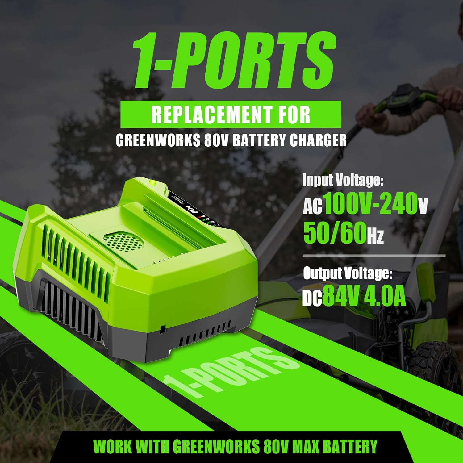 4.0A Replacement Rapid Charger for Greenworks 80V Battery Charger GCH8040 2958602AZ 2964602 GCH8020 2936802, Compatible with Greenworks Pro 80V Battery GBA80200 GBA80250 GBA80400 GBA80500