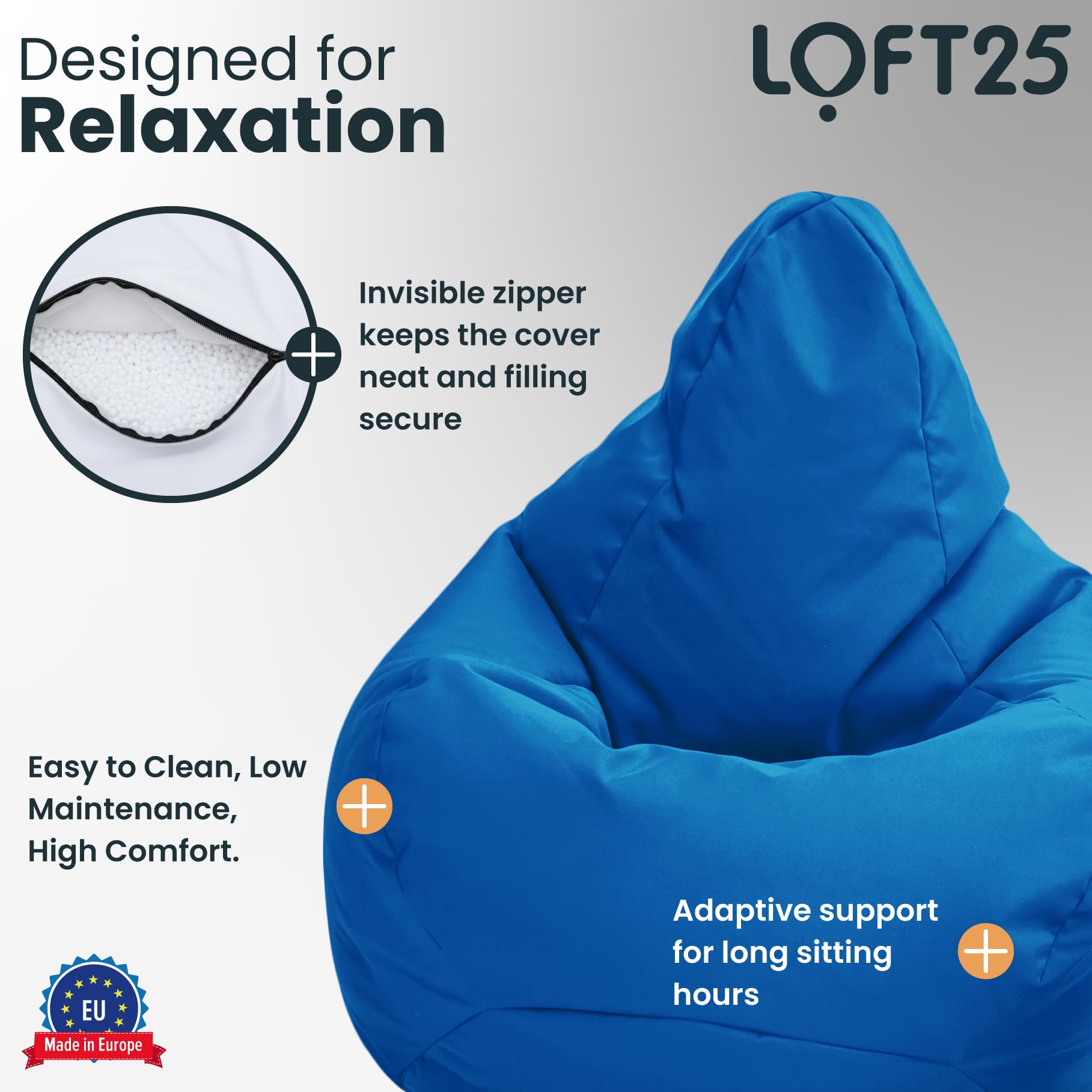 Loft 25 Sitzsack-Spielerstuhl | für den Innenbereich des Wohnzimmers im Freien | Wasserbeständig | Ergonomisches Design zur Körperunterstützung | Langlebig und Bequem (Marokkanisches Blau, Sitzsack)
