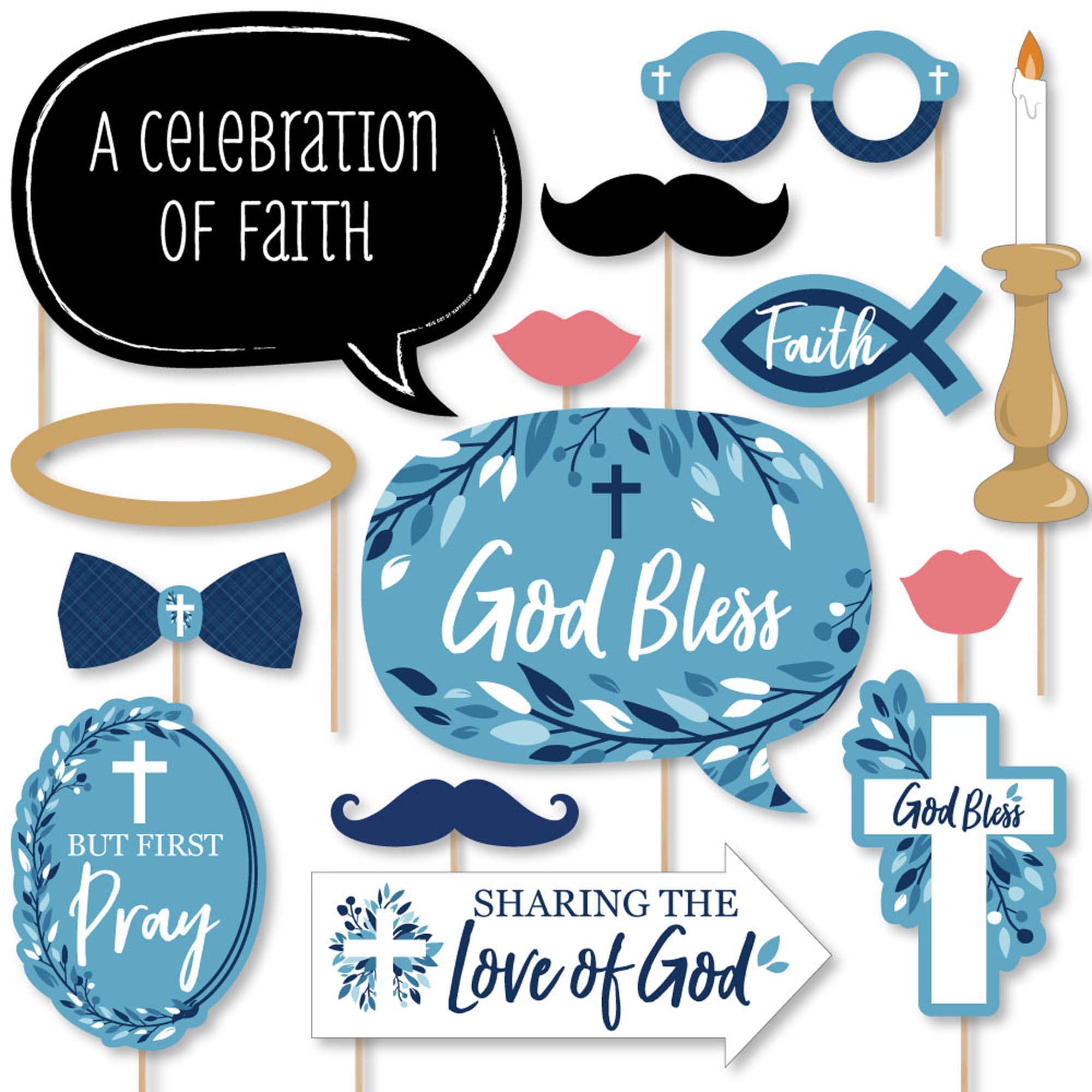 Big Dot of Happiness Blue Elegant Cross - Boy Religious Party Photo Booth Props Kit - 20 Count