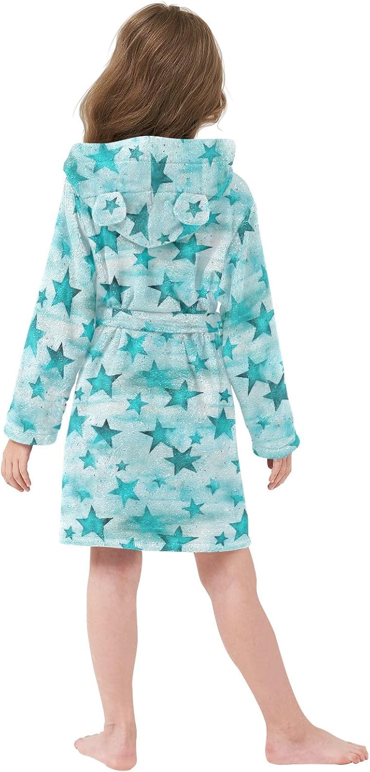 Blue Star Pattern Toddler Hooded Bathrobe for Boys Girls Soft Plush Bath Towel Robe 2-12 Years