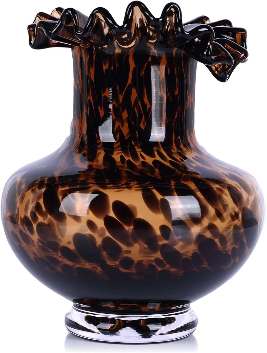 Amber Glass Vase – Tortoise Shell Design, Elegant Home Décor, Unique Centerpiece for Living Room, Office, Wedding Gifts, Art Glass Vase, Round Decorative Vase, Tortoise Shell Home Décor (S)
