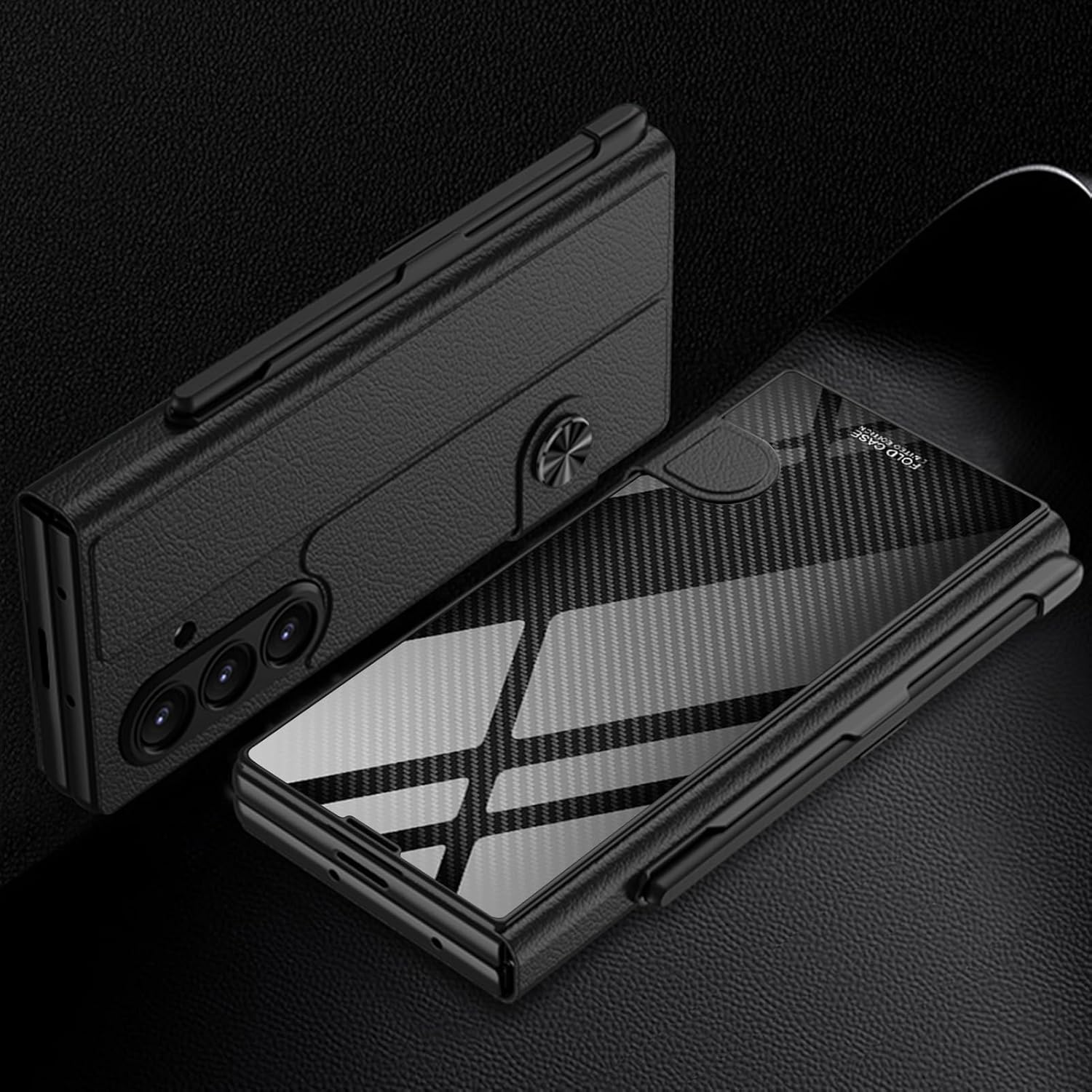 PUROOM for Samsung Galaxy Z Fold 7 Case with Pen & Pen Slot Colorful Plating Glass Hybrid Leather Full Screen Protector All-Inclusive Cover for Samsung Galaxy Z Fold 7 (Carbon Fiber)
