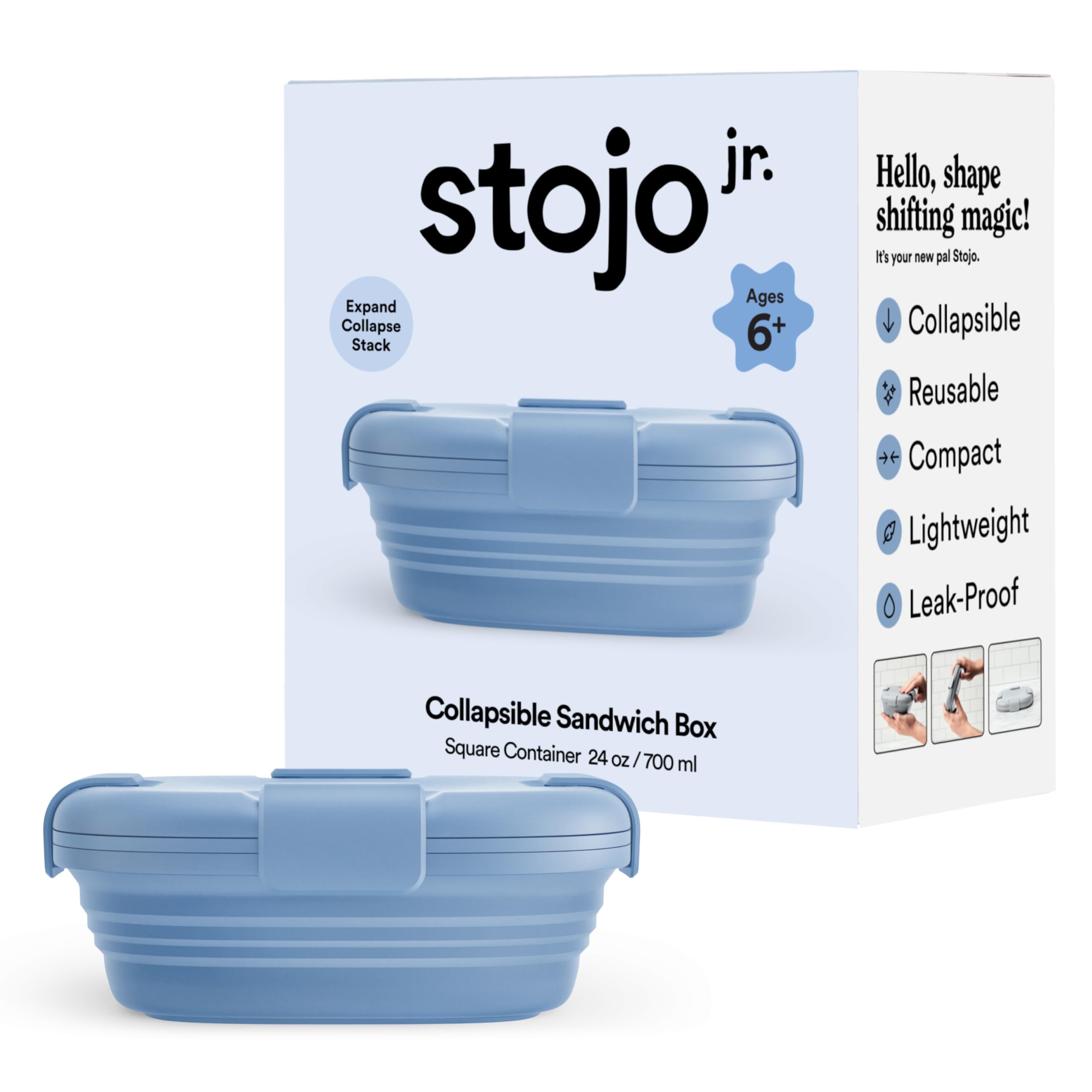 STOJO Jr Collapsible Box for Kids - Steel Blue, 24oz - Leak-Proof Reusable Silicone Travel Bowl for Hot & Cold Food - For Home, On-The-Go Camping & Hiking - Microwave & Dishwasher Safe