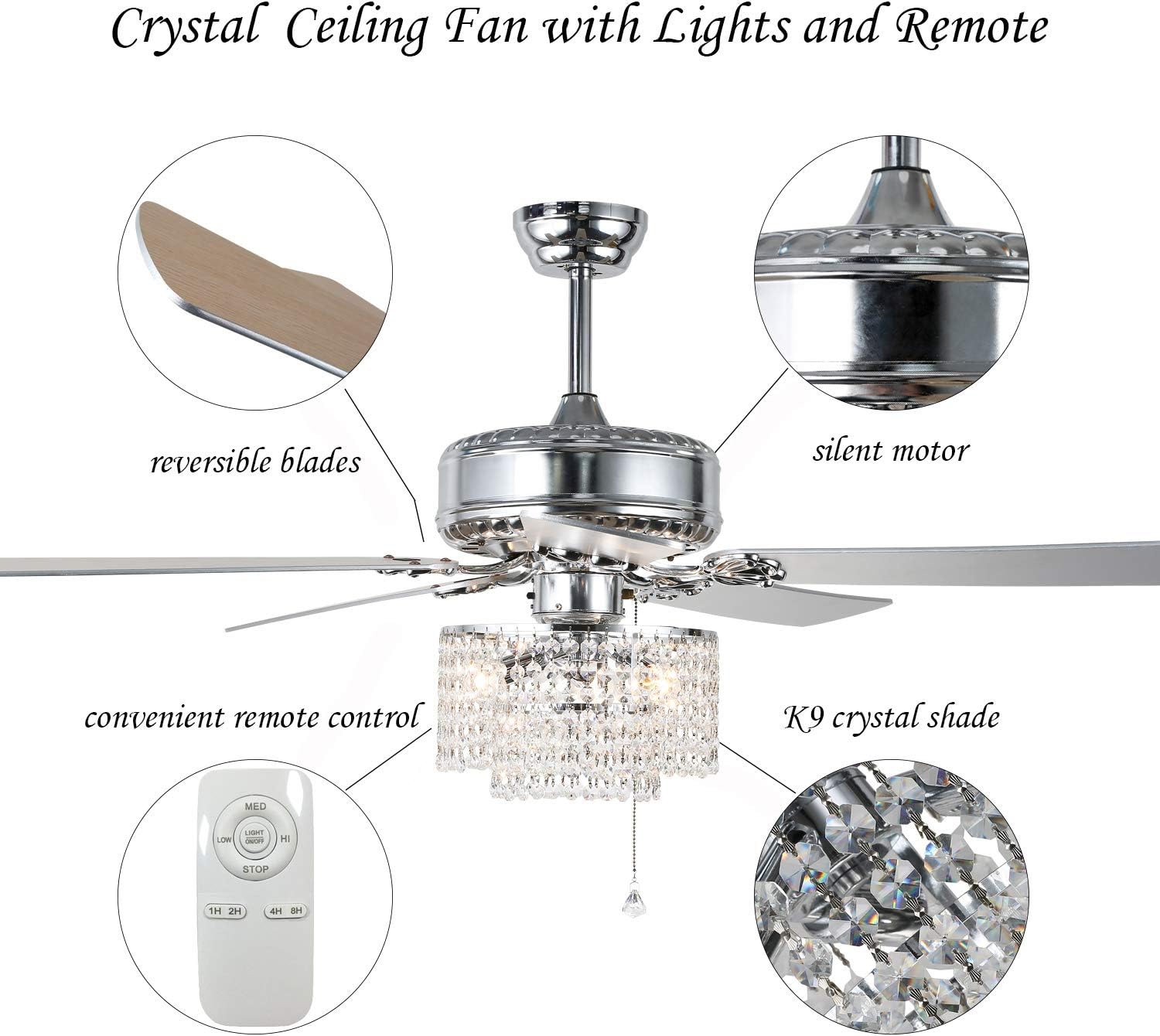 Get Special Price 52 Crystal Fandelier Ceiling Fan with Light and Remote, Chandelier Ceiling Fan with 5 Reversible Blades, Silent Motor, 3 Speed, 4 Timing Options, Chrome Hottest Sale 52 Crystal Fandelier Ceiling Fan with Light and Remote, Chandelier Ceiling Fan with 5 Reversible Blades, Silent Motor, 3 Speed, 4 Timing Options, Chrome