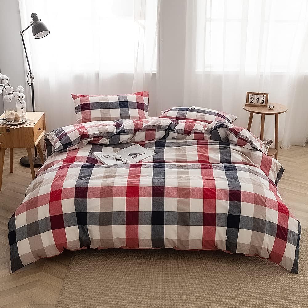 Bedding Duvet Cover Set100% Washed Cotton Duvet Cover Linen Like Textured Breathable Durable Soft Comfy (Queen, Blue red Grid)