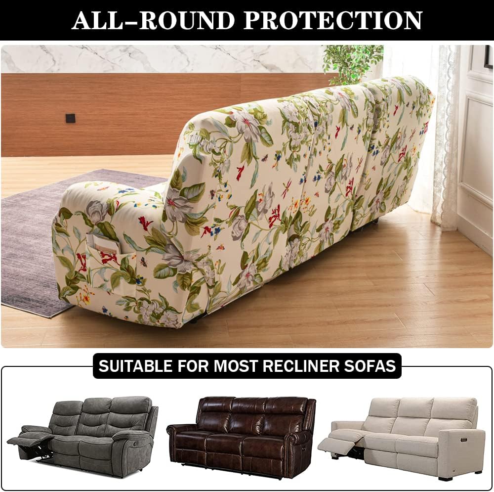 Stretch Recliner Sofa Covers, 8-Piece Soft Spandex Recliner Slipcovers Printed Recliner Couch Covers Furniture Protector with Pocket (Flower 01, Sofa)
