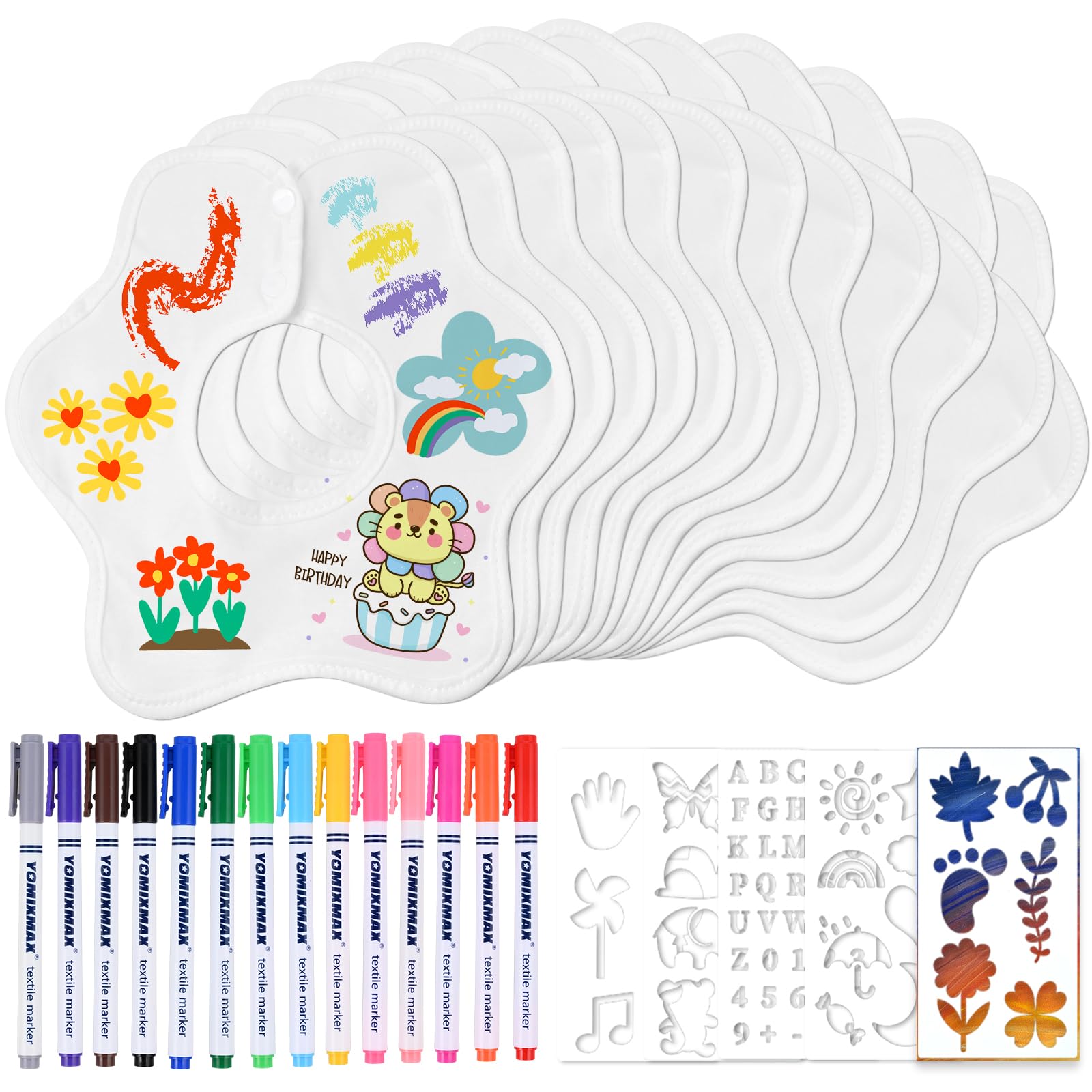Faburo 12 Stück Lätzchen zum Bemalen, 26*26 cm Lätzchen Bemalen für Babyparty Spiele, Lätzchen in Blumenform mit 14 Textilstifte und 5 Schablonen für Babyparty Deko Baby Shower Gender Reveal Geschenk