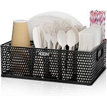 Paper Plate Organizer for Countertop, Perforated Metal Silverware Caddy for Plastic Spoon, Napkin, Utensils Holder with 6 Compartments for Party, Camping, Picnic