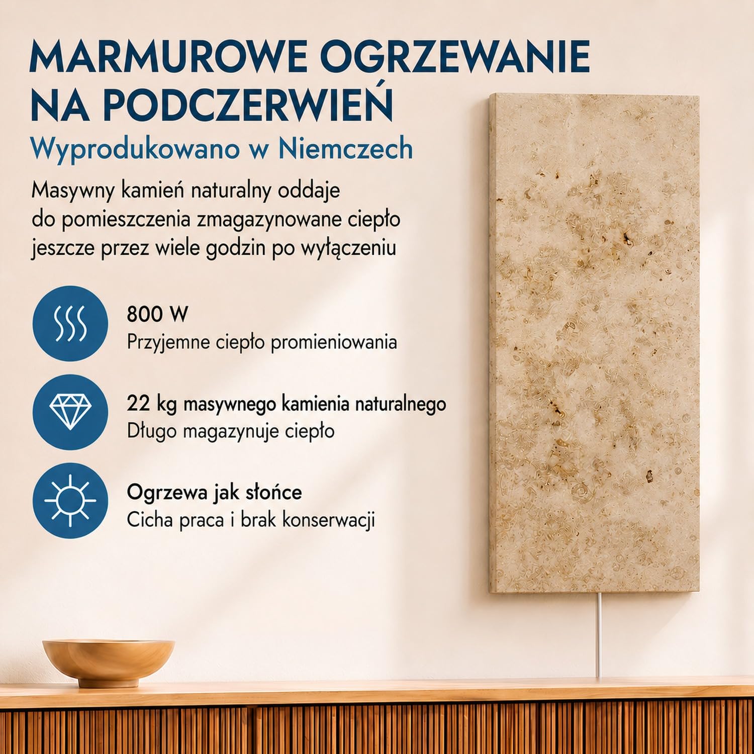 Marwona | Marmurowy promiennik podczerwieni z cyfrowym termostatem | 800 W | Lymonit | energooszczędne ogrzewanie ścienne na podczerwień | 5 lat | niemiecka jakość