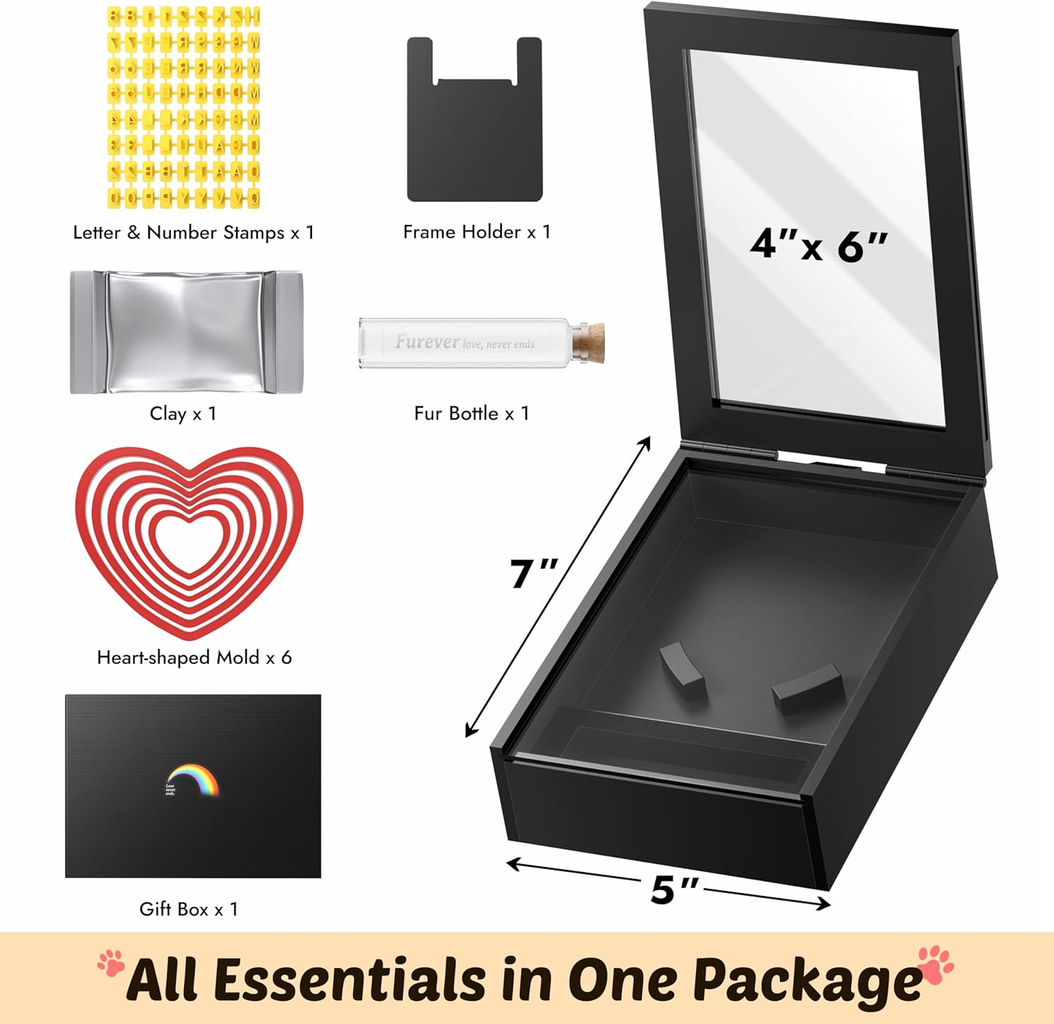Grarry Pet Memorial Shadow Box with Paw Print Impression Kit Keepsake, 4”X6” Dog Cat Picture Frame, DIY Pawprint Clay Ornament Gift, Acrylic Loss of Dogs Sympathy Gifts with Hair Bottle for Pets Lover