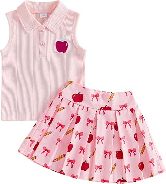 BeQeuewll Back to School Toddler Girl Outfit 2Pcs Knit Top Pleated Skirt Set Girls