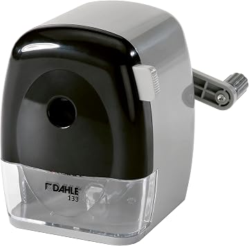 Dahle 133 Manual Standard and Oversized Pencil Sharpener - Adjustable Point, Shavings Cup, Mounting Clamp - for Home and Office Use - Silver Black