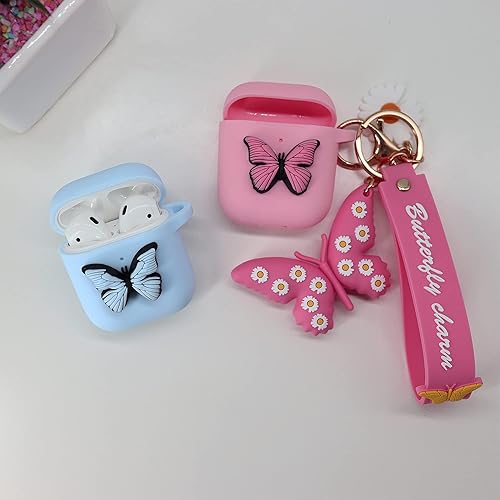 Miniatura 8 de Jeriwell Funda compatible con AirPods, linda mariposa y flores 3D con llavero, funda protectora de silicona suave impermeable para Airpods 2 y 1,