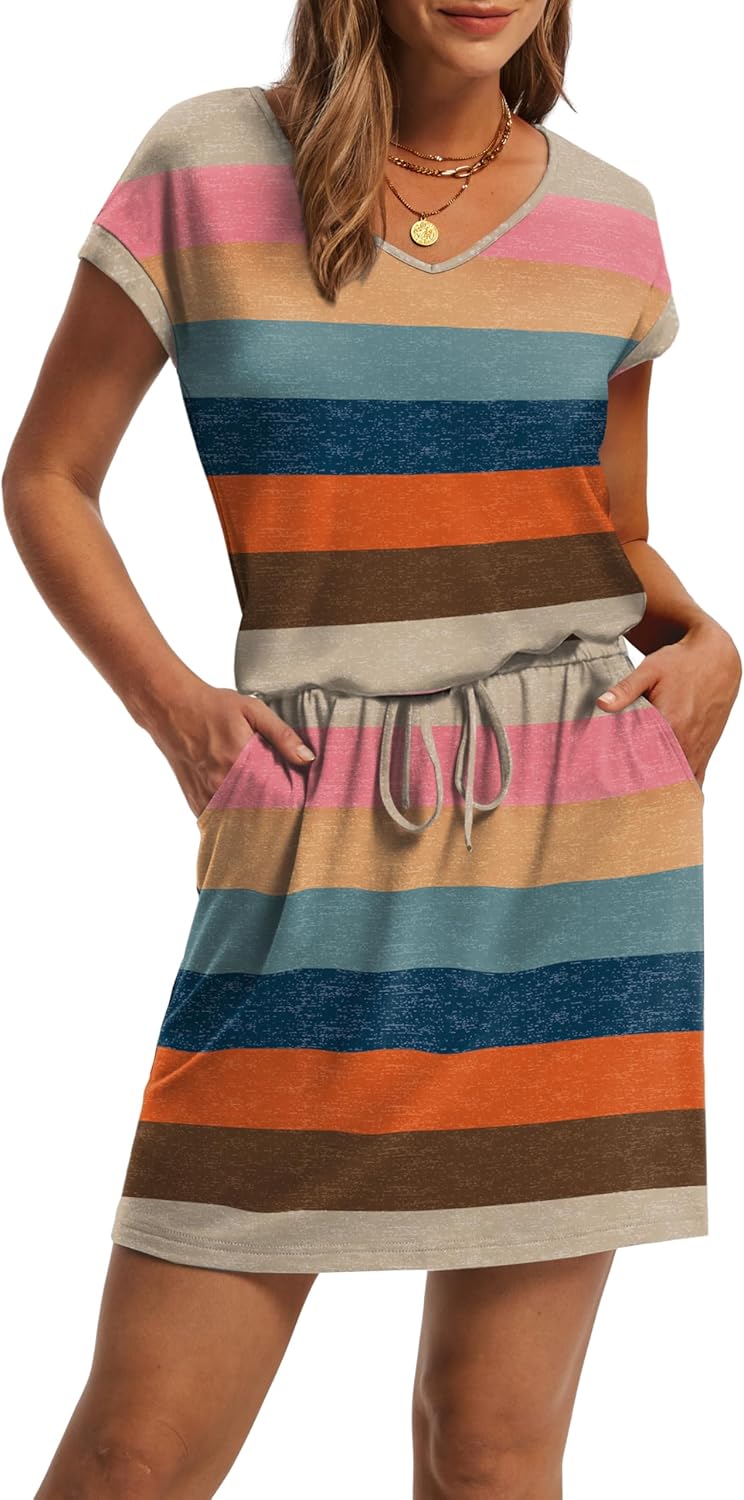 OFEEFAN Summer Dresses for Women 2026 V Neck T Shirt Casual Mini Dresses Tie Waist Sundresses with Pockets thumbnail