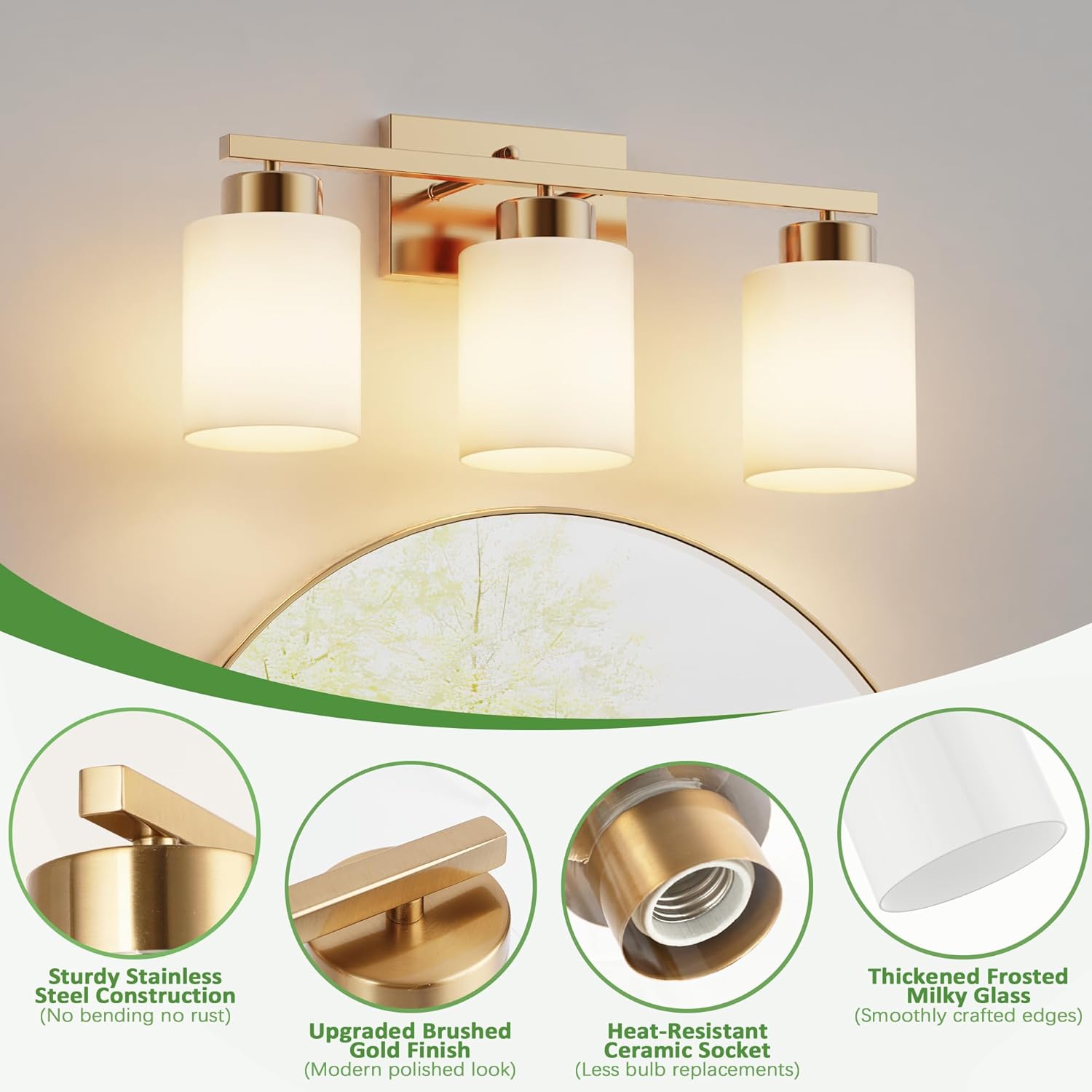 PARTPHONER 3-Light Brushed Gold Bathroom Light Fixtures, Modern Vanity Light Over Mirror Lighting, Wall Sconce with Frosted Milky White Glass Shades for Bedroom Living Room Kitchen Hallway