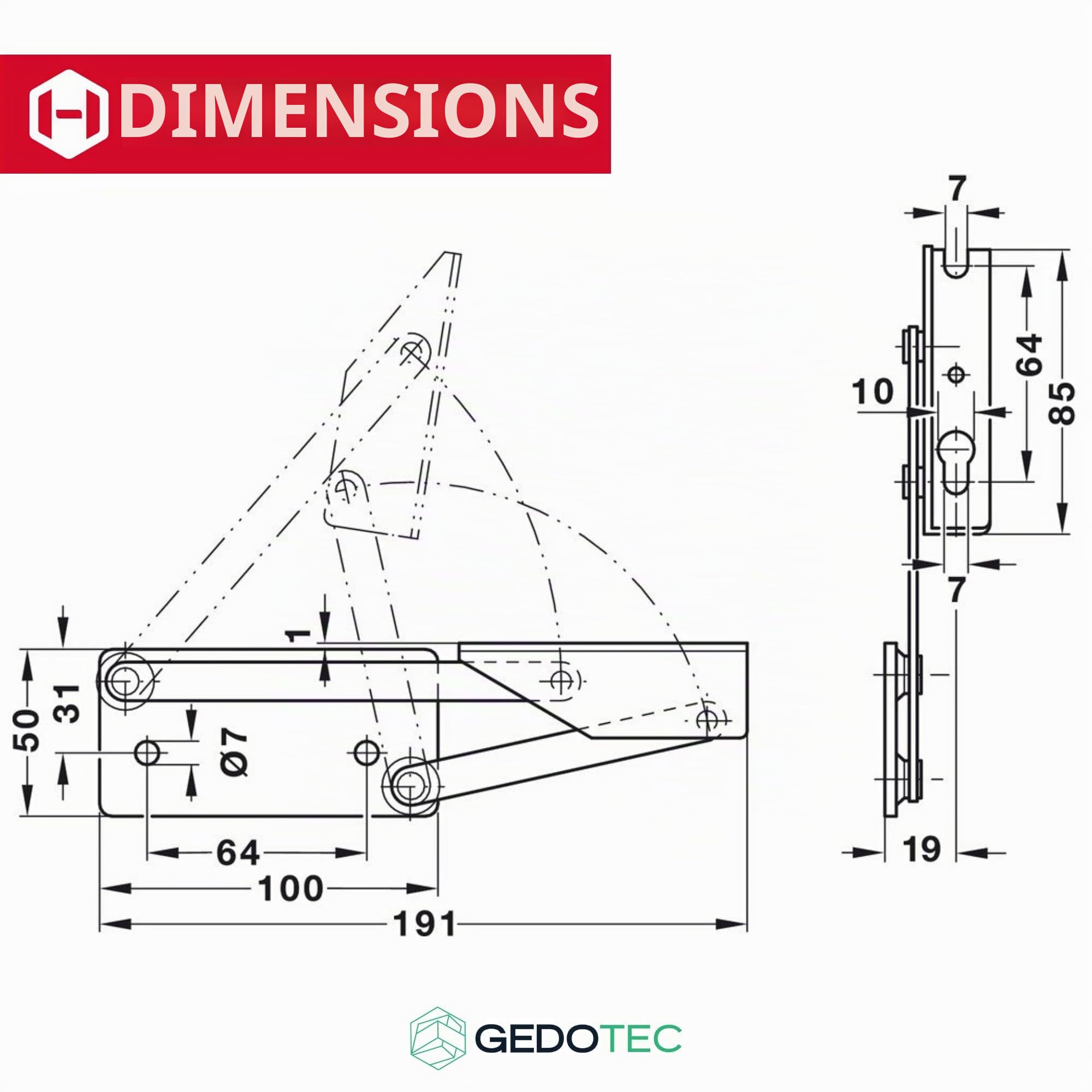 Gedotec Charnière de banc d'angle acier galvanisé | 1 paire (gauche + droite) | Console rabattable pour assises en bois | Ferrure de banc-coffre à ressort | Poids de plateau jusqu'à 12 kg