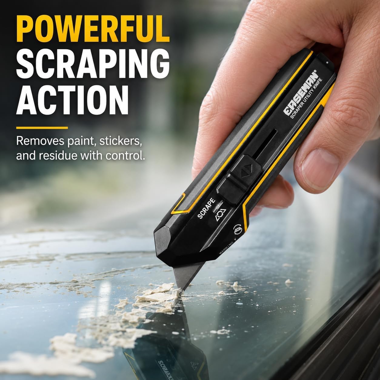 3-in-1 Utility Scraper Tool, 90° Rotating Head, 10 Blades | Retractable cutting and scraping tool with four locking angles, built-in blade storage, and 10 replacement blades.