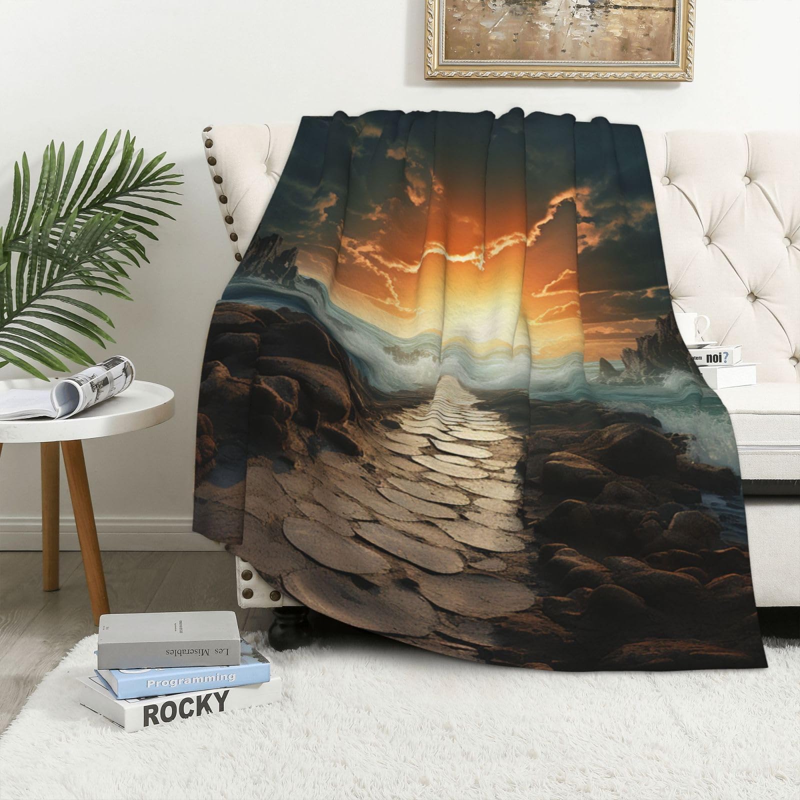 Couverture polaire douce en flanelle réversible motif chemin de mer pour lit et divan