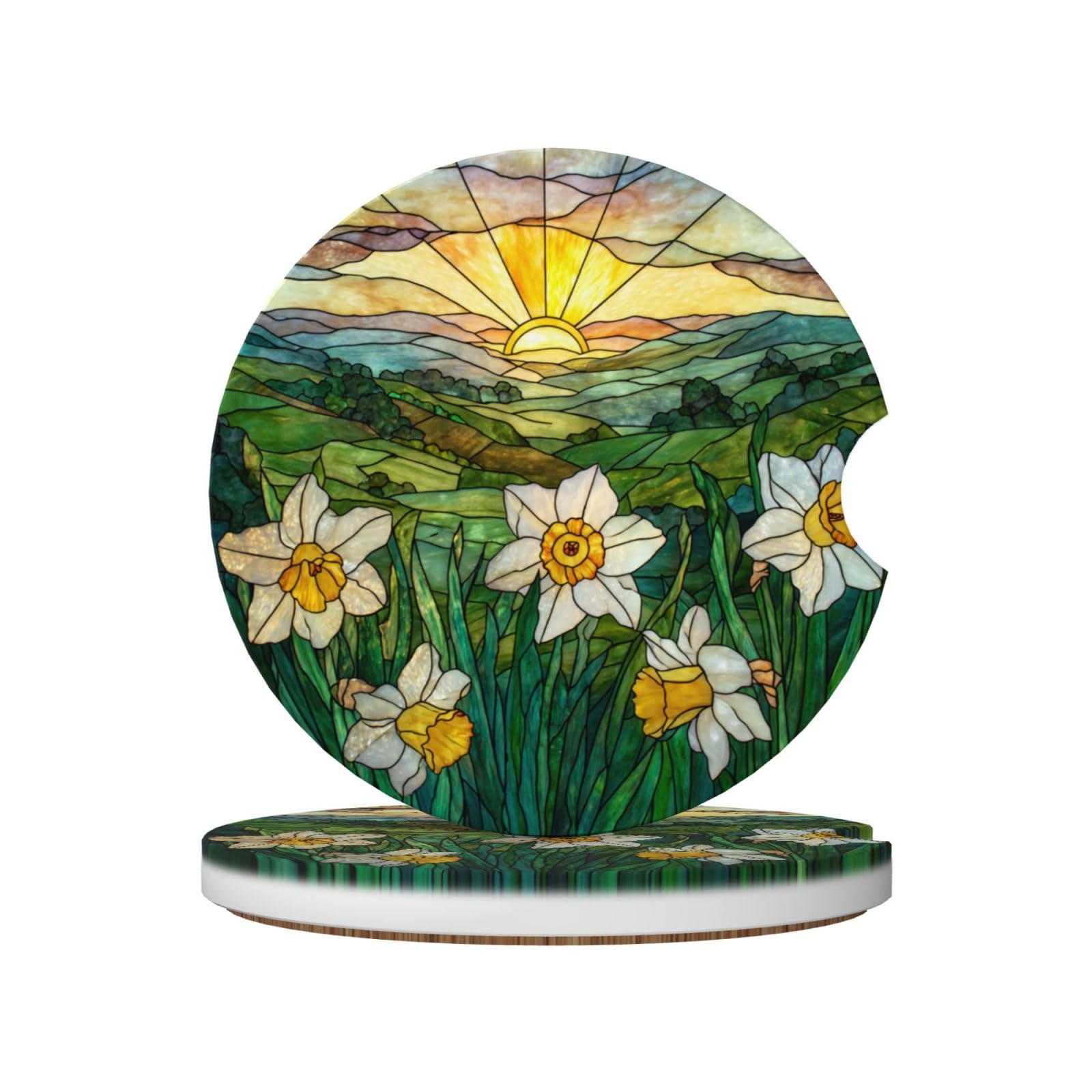 Daffodil Flowers Rolling Green Hills Ceramic Coasters,2pcs
