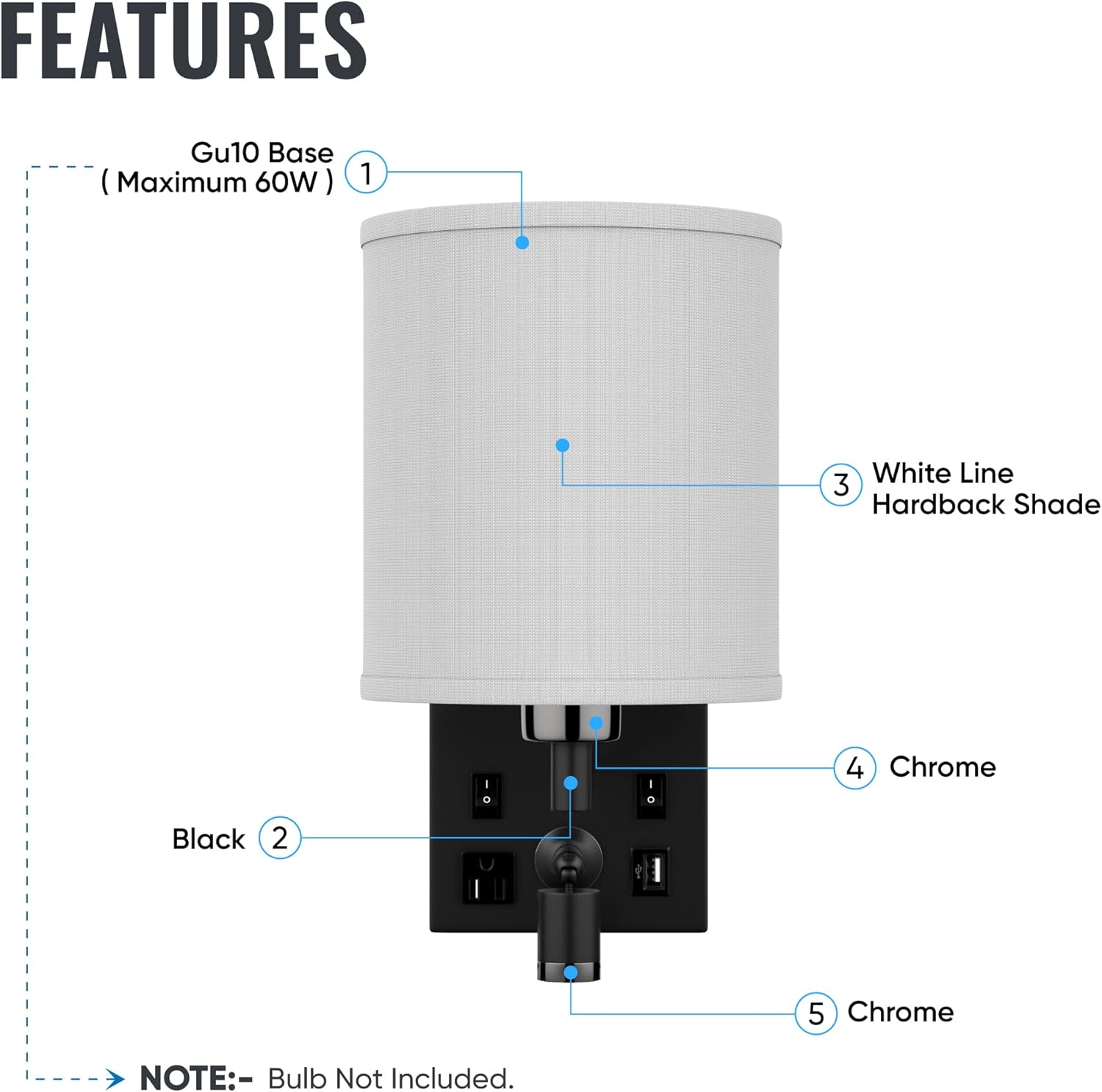 LEDMyplace 1-Light LED Wall Sconces, Indoor Sconce Light Fixture for Living Room with USB Ports and Outlet, E26 Base, Iron Body, White Fabric Shade, Brushed Nickel Finish, Wall Lighting for Hallway