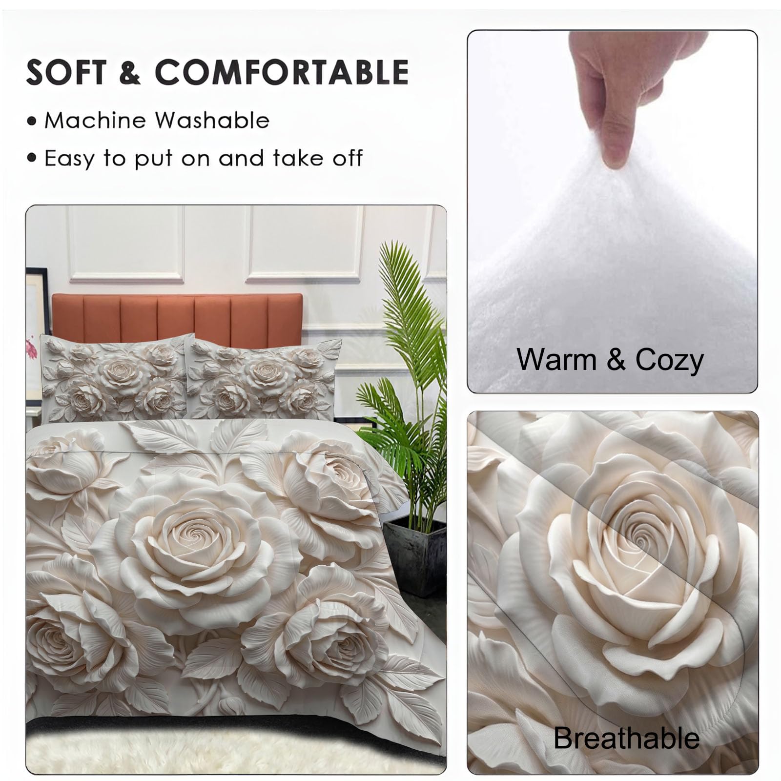 Piumone 2-In-1 Letto Singolo 140X200 Cm Rilievo Tridimensionale Di Una Rosa Elegante | Trapunta E Piumino Reversibile 4 Stagioni, Arte Botanica Nordica, Copriletto Lavabile Morbido Leggero, Beige
