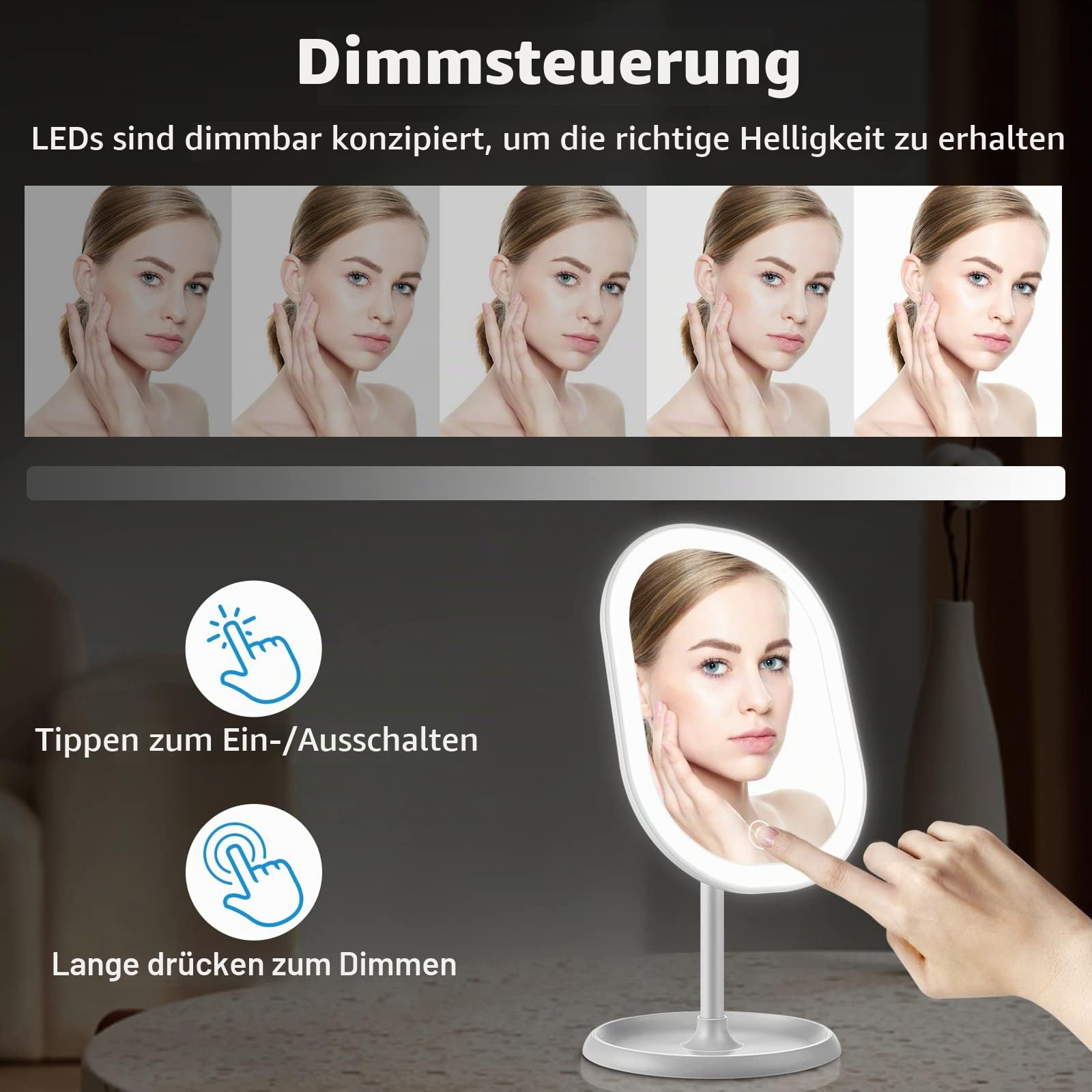 Schminkspiegel, Tischspiegel Rasierspiegel Schminkspiegel Beleuchtet mit Dimmbarer Helligkeit LED Licht, Mit 10X Vergrößern Spiegel, 180° Faltbarer Tischspiegel, Freund