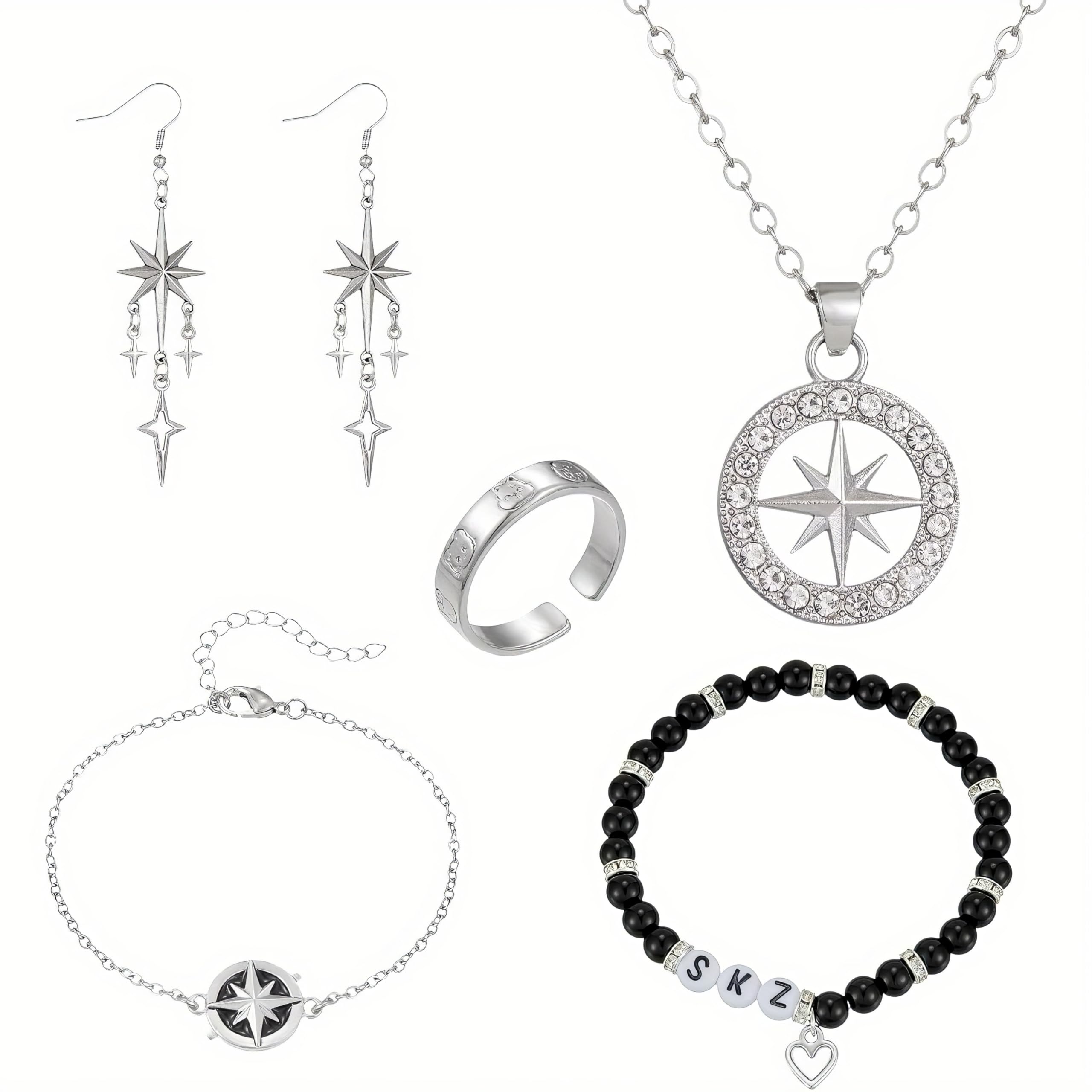 Stray-inspired SKZ Merch Jewelry Set - Necklace, Bracelet, Rings & Earrings for Fans, Women Men K-Pop Gift