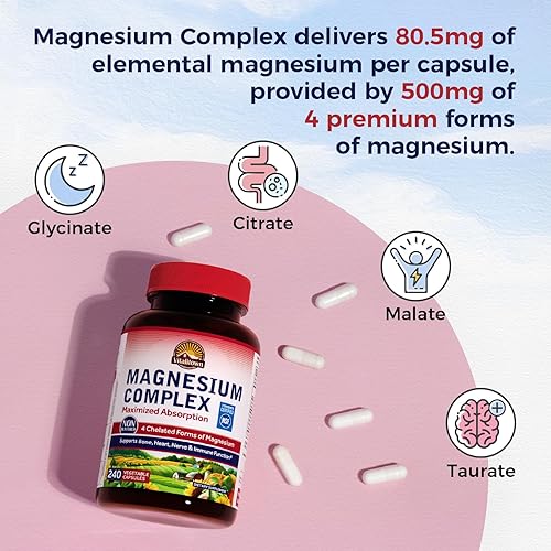 Miniatura 3 de Vitalitown Suplemento complejo de magnesio de 500 mg, absorción maximizada, glicinato de magnesio quelatado certificado NSF, malato, taurato y