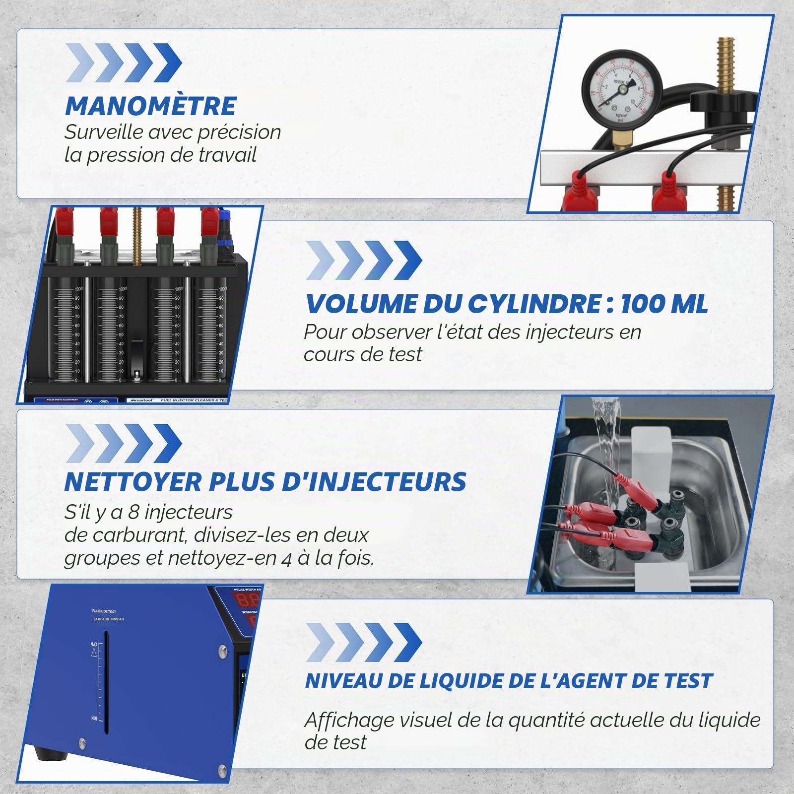 BELEY V308 Nettoyeur et Testeur d'injecteur de Carburant avec 11 Fonctions, 4 Cylindres Machine à Nettoyer à Ultrasons avec Chauffage, pour de Véhicules et Motos