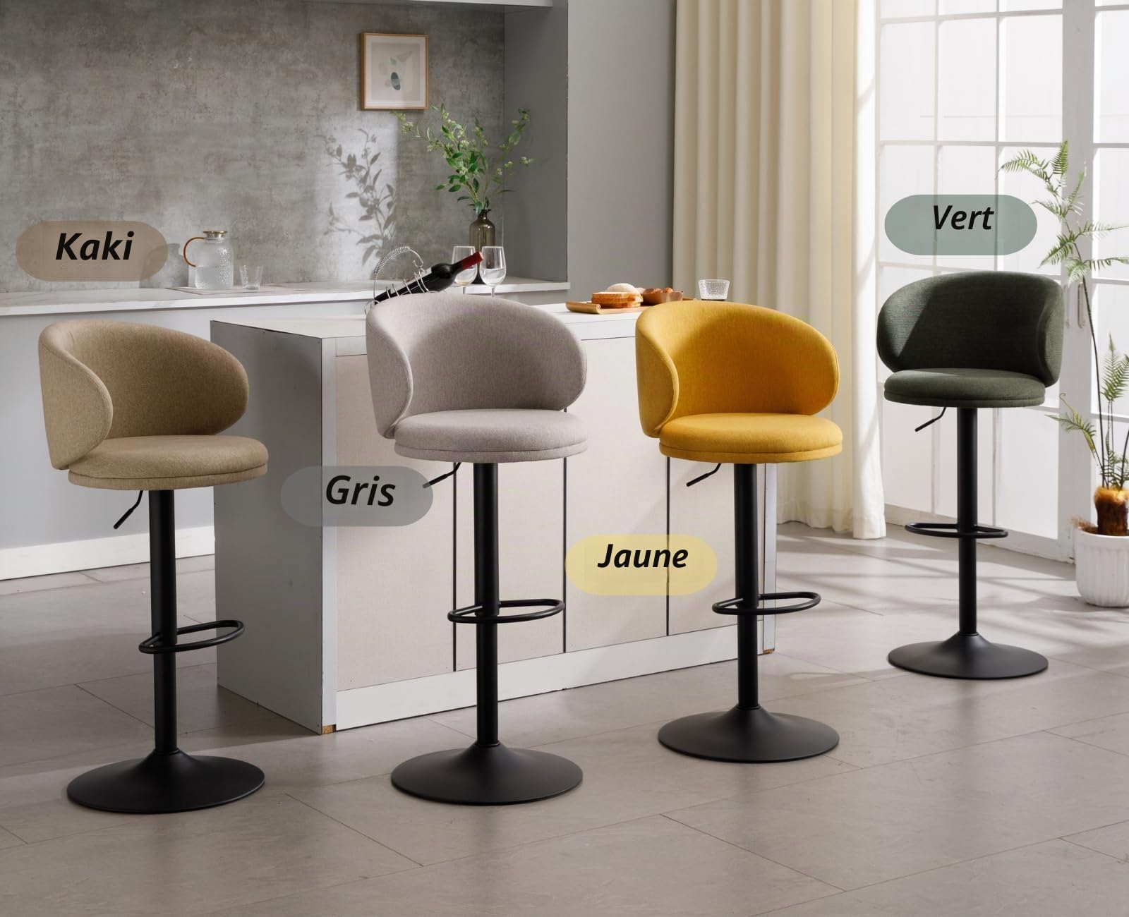 chairus 2PCS Tabourets de Bar, Chaise Haute Cuisine, Pivotant, Gris | Style Moderne, Tissu de Lin, Réglable en Hauteur, Dossier Incurvé, Coussin Rembourré, pour Ilot Central