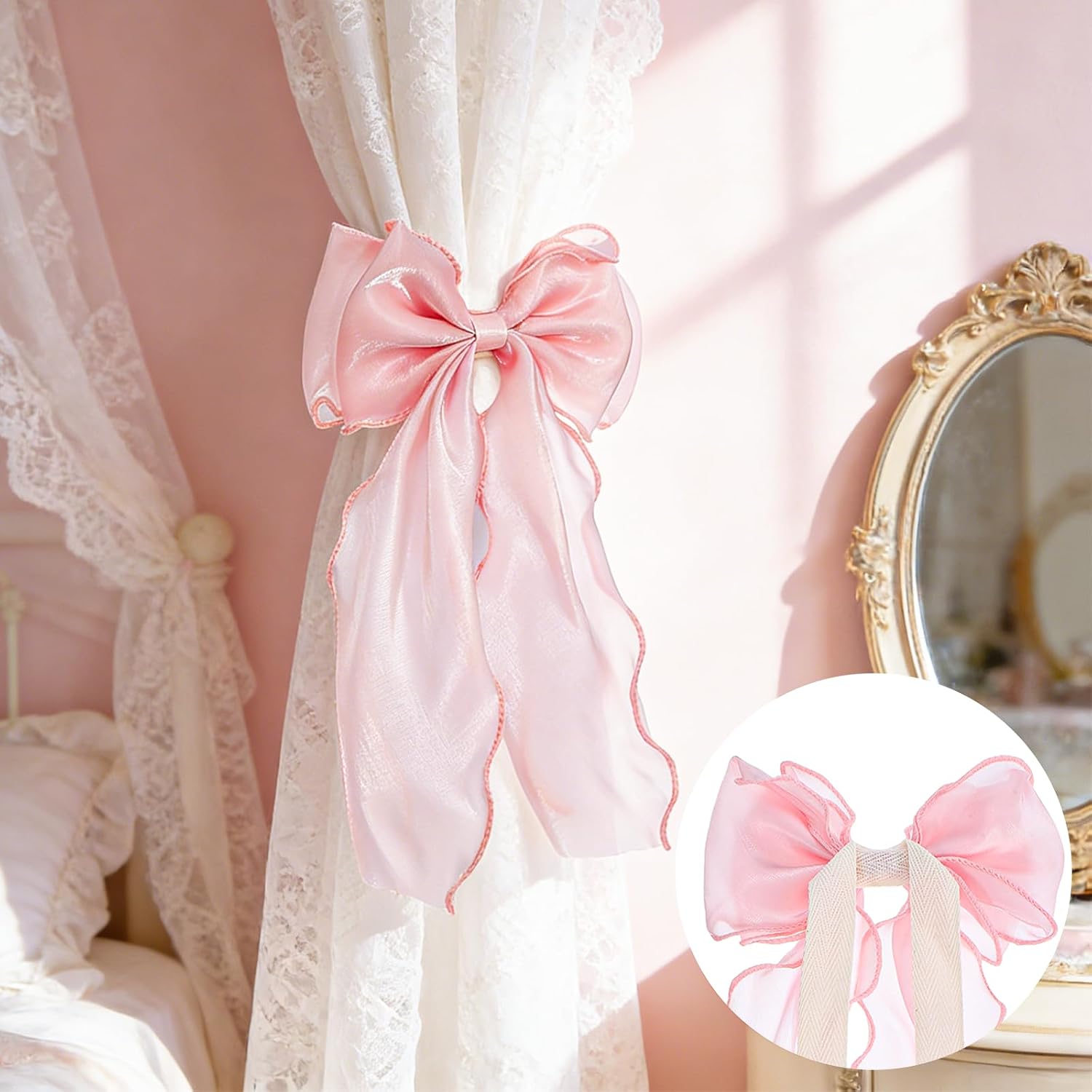Molain 2 Pack Silky Pink Bow Curtain Tiebacks, Pink Ribbon Lace Curtain Holdbacks Elegant Decorative Bowknot Curtain Straps for Weddings Home Bedroom Living Room Wedding Party Office Décor