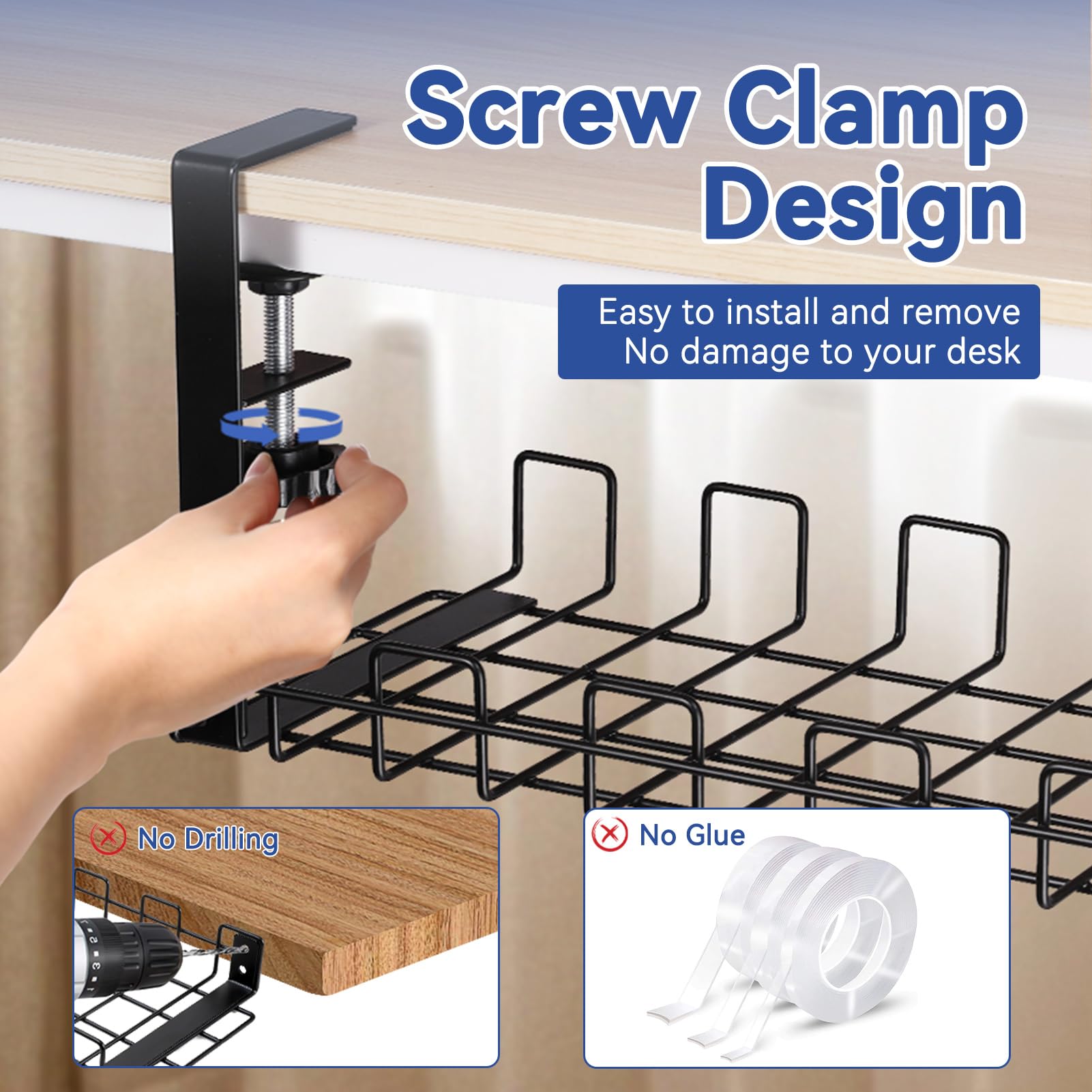 HOMMAND Under Desk Cable Management Tray, Upgraded Wire Management No Drill No Screws - Image 3