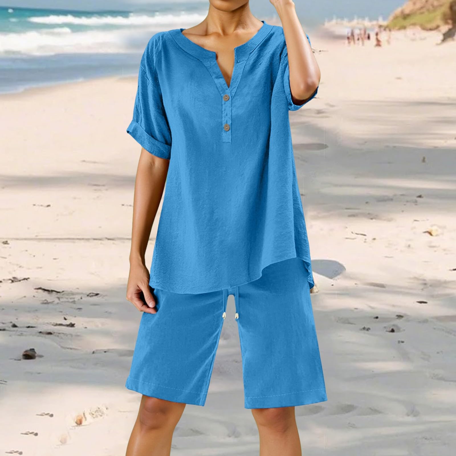 2-teiliges Damen-Outfit mit weitem Bein, Bluse, Taschen, elastische Hosen-Sets, lässiges V-Ausschnitt-Shirt, Hose, modische Streetwear50