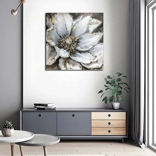 Miniatura 5 de Wallpaint - Arte de pared de flores en blanco y negro con textura y lámina dorada, elegante lienzo floral floreciente para decoración de pared de
