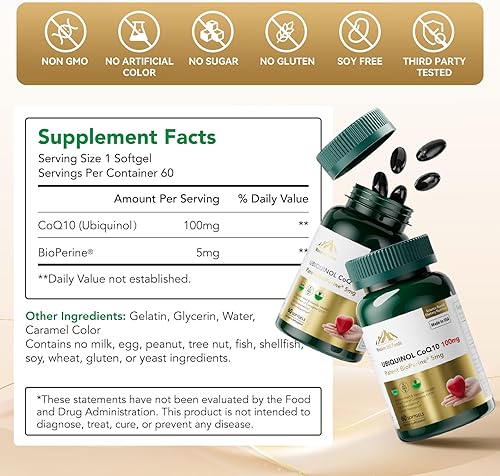 Miniatura 2 de Mission Hill Foods Premium Ubiquinol CoQ10 + BioPerine (100 mg) Antioxidante para la salud del corazón (1 botella-60 cápsulas blandas de suministro