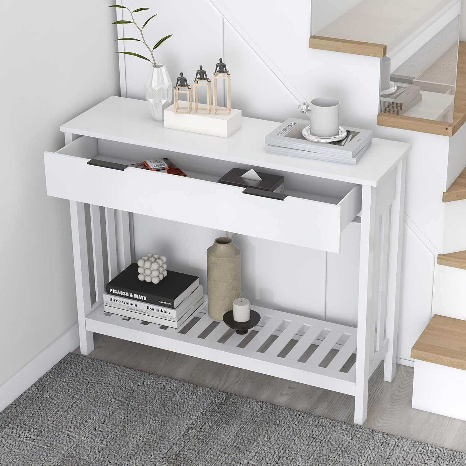 Consolle d'ingresso, armadio corridoio stretto con armadi, consolle in legno con mensola, ingresso, soggiorno, consolle tavolo, lato tavolo, credenza stretta, 30 x 100 x 75,5 cm, bianco - 2 ante di