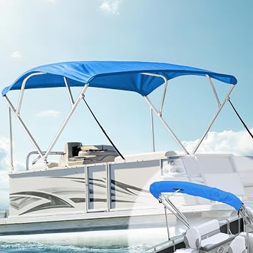 Bimini Top Cover 600D UV-Resistant Canvas, Tear & Fade Proof, Waterproof 4 Bow Boat Shade with Zippered Pockets, Pontoon Bimini Top with Frame Rustproof Square Poles, Blue 4 Bow 8L 54" H 97"-103" W
