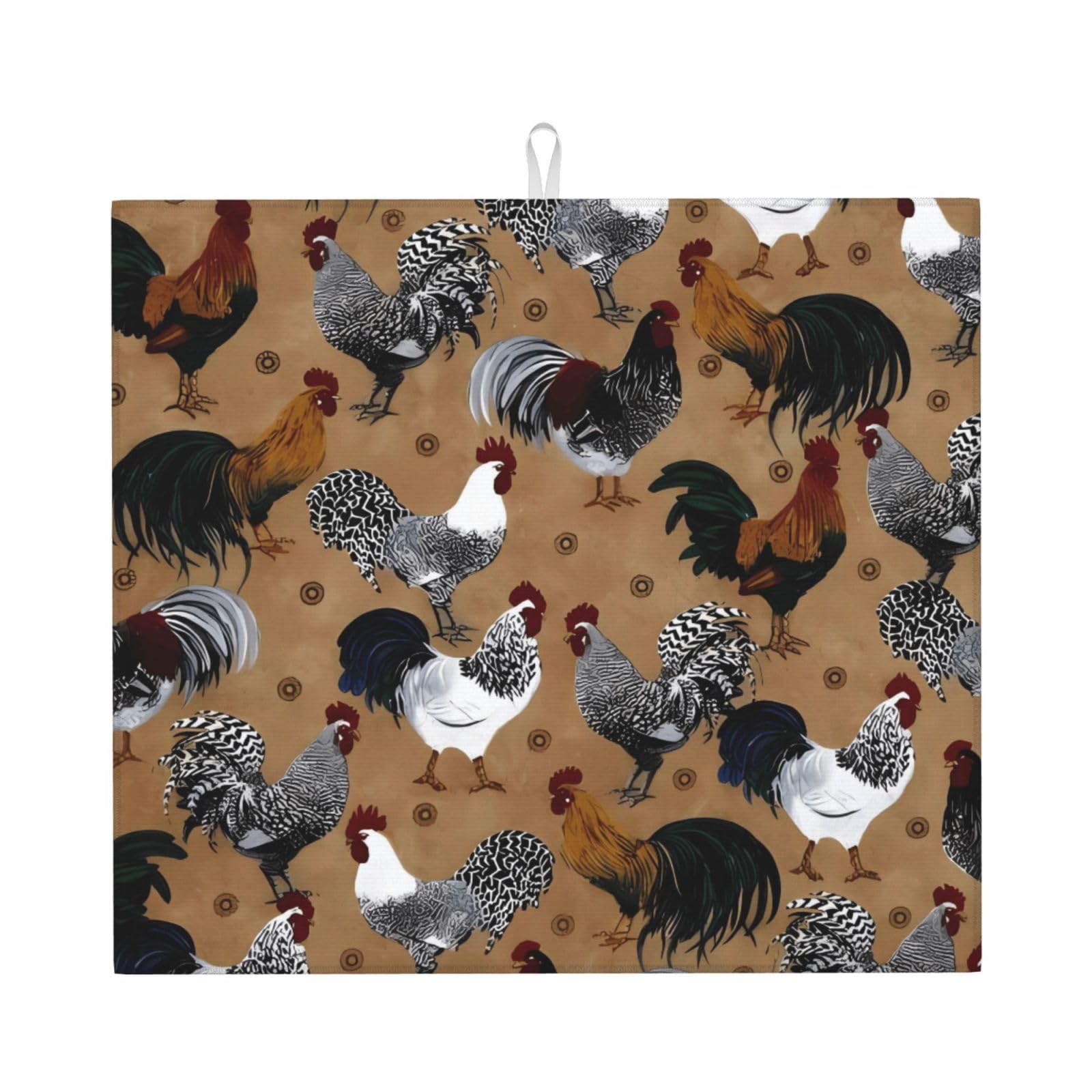 YYHHAOFA Rooster and Chicken Print Prints Kitchen Drying Mat – Highly Absorbent Microfiber Throw, Non-Slip Counter Cover for Dishes, Fade-Resistant Print & Appliance Protection