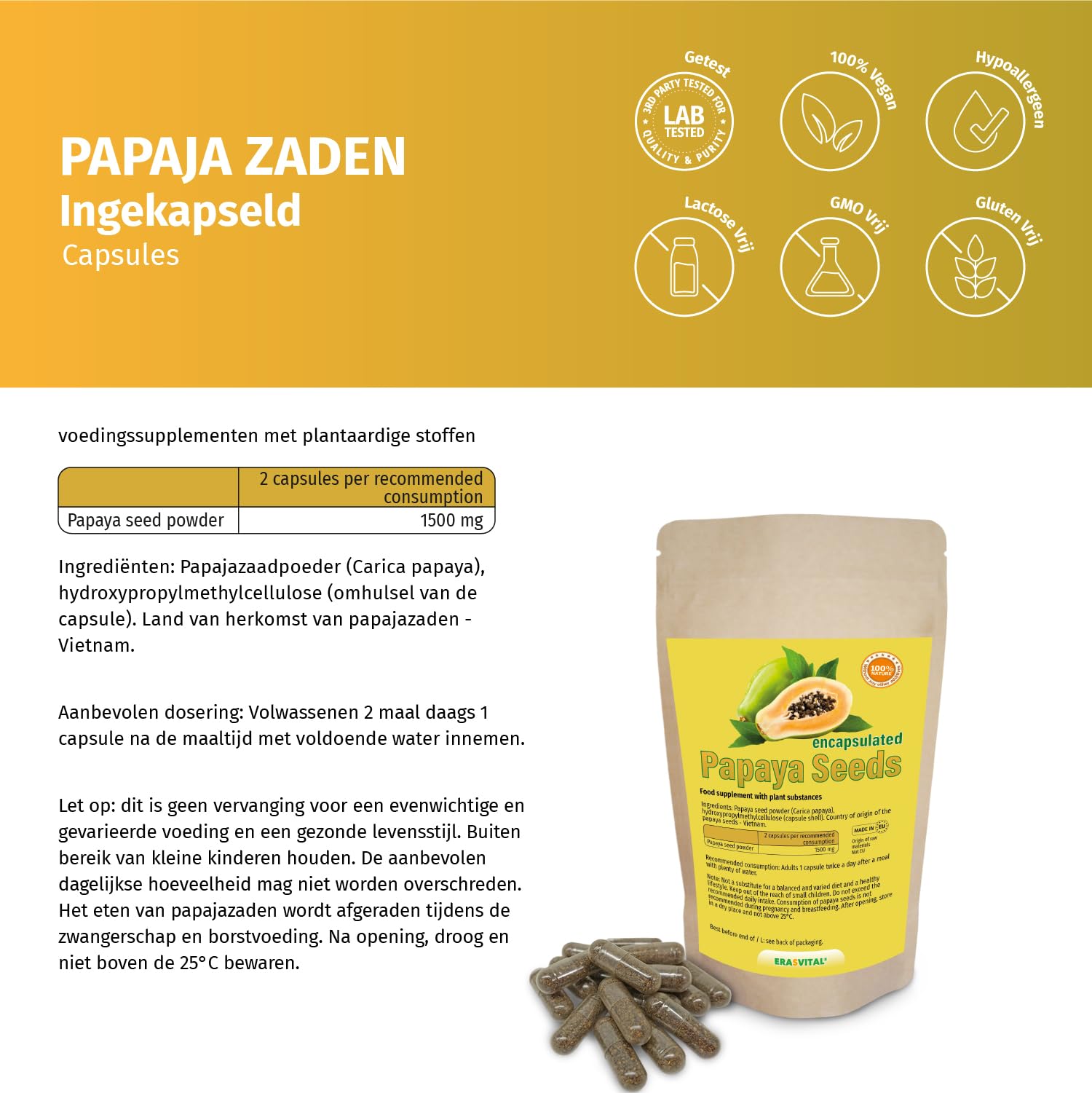 Nasiona papai w kapsułkach, papaja, uwaga: nie są to nasiona hybrydowe, surowa żywność wegańska (270 szt. (1 opakowanie))